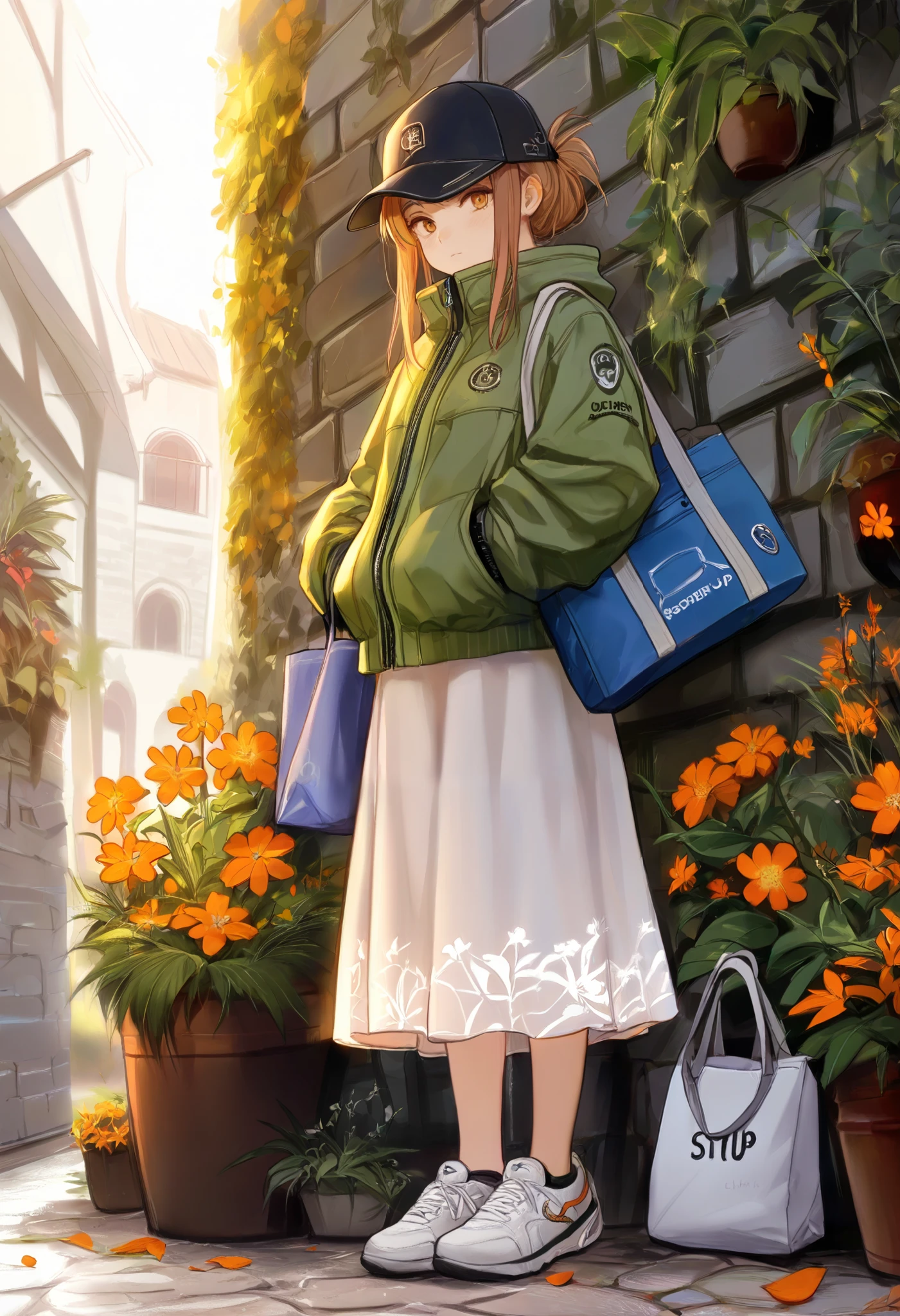 masterpiece, best quality, 8k, highres, ultra-detailed, HDR, UHD, studio lighting, extreme detail description, professional,illustration, best quality, masterpiece, 1girl, drkgirl,standing pose, casual outfit, black baseball cap, medium brown hair, long dress, light floral pattern, green jacket, tote bag, white sneakers, stone wall background, small garden, orange flowers, modern and cozy aesthetic, natural lighting, outdoor setting
