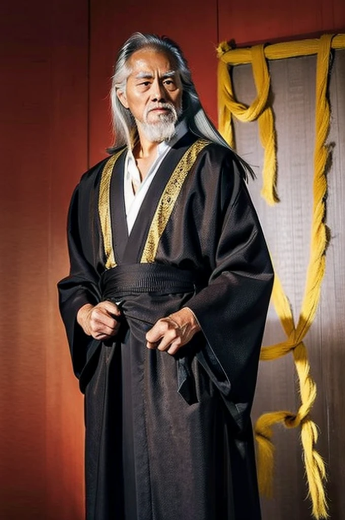 ((masterpiece)), ((one man)), man, man in late 90s, old man, light skin, amber eyes, detailed eyes, grey hair, long hair, long straight hair, ((straight hair)), straight hair, tall, handsome, beautiful man, buffed, black kimono, red black kimono, red kimono, sharp face expression, lots of jewelry, crown, golden details, golden jewelry,
