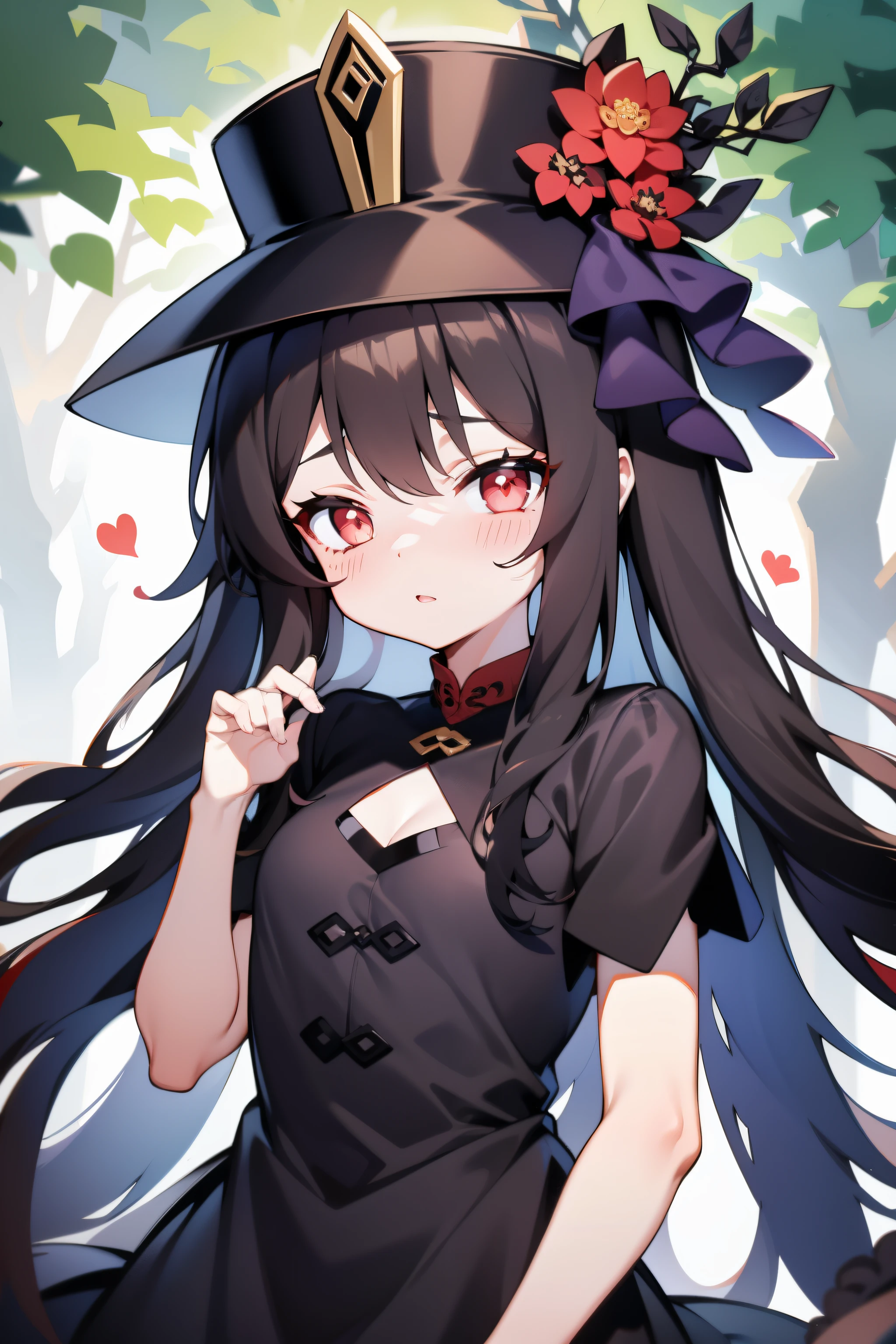 1girll,HuTao,Masterpiece,Best quality,Black tiara,dress,Hats,outside,ln the forest