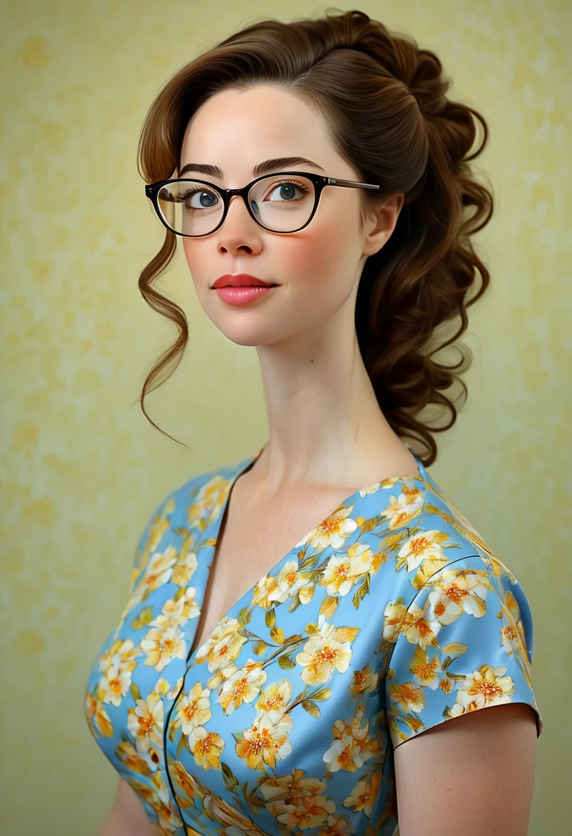 A stunningly beautiful  house wife, glasses, dress. The medium used to depict this artwork is oil painting, ensuring a high-quality and detailed result. d-cup. The painting style is realistic and photorealistic, with vivid colors and sharp focus. The overall lighting is well-balanced, illuminating the scene beautifully. Anna Popplewell
