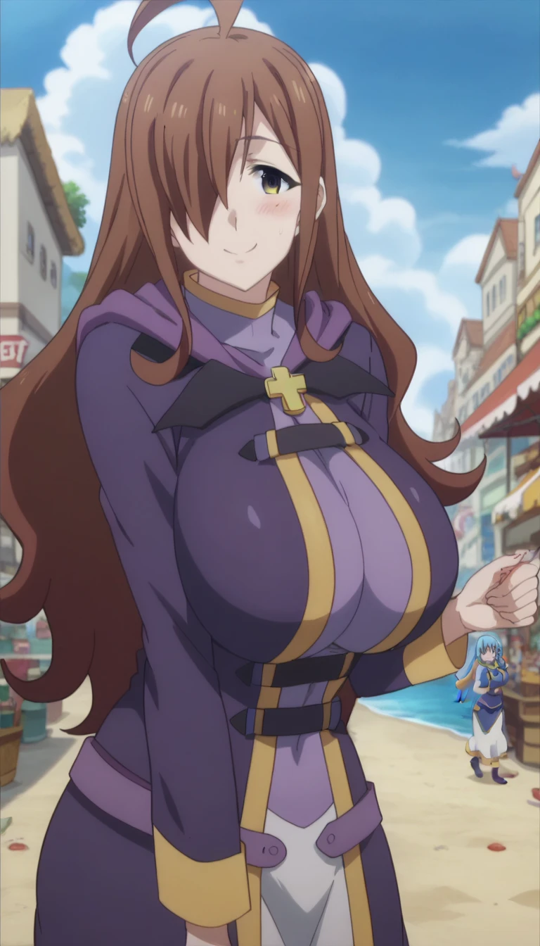 Prompt: (huge gigantic super mega hyper:1.1),(biggest round giant massive :1.1), (only one women), front view , shop,slime behind,sexy poses,beach, source_anime,masterpiece,best quality,highres,absurdres,official art,official style,source_anime,anime screencap,anime coloring,megami magazine,anime,animated,explicit, shiny skin,large breasts,  brown hair , wiz ,konosuba,blush, side, on side,   wiz, happy