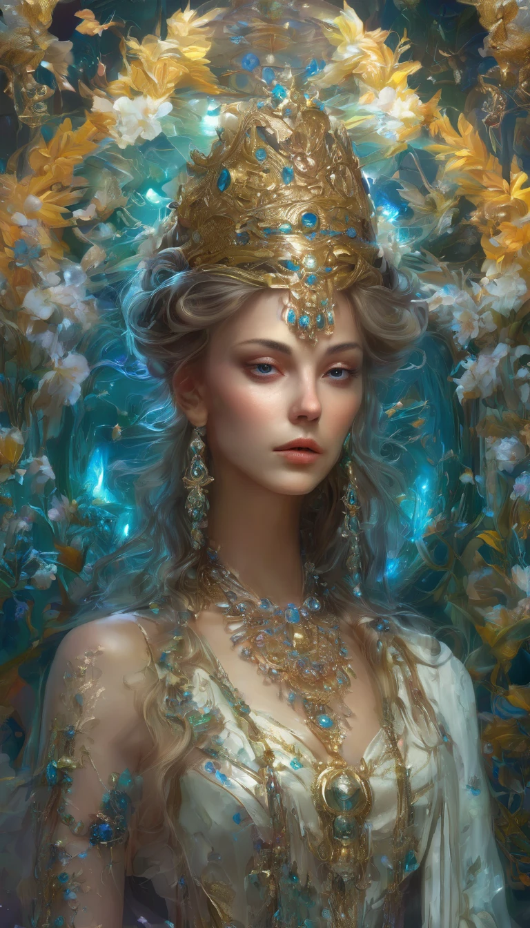 Portrait of a Spiritual Goddess,  complicated,  elegant ,  very detailed,  digital painting ,  Art Station ,  Concept Art , smooth,  sharp concentration, Illustration, artgerm、Greg Rutkowski、 Alphonse Mucha、William - Adolphe Bouguereau、Artwork by Stephanie Law  , Magnificent royal background, big crown banner , Royal Jewels,  robot , nature,  full shot , Symmetric,  Greg Rutkowski ,   Charlie Bowater  , Beeple, Unreal 5,  hyperrealistic, Dynamic Lighting,  Fantasy Art   