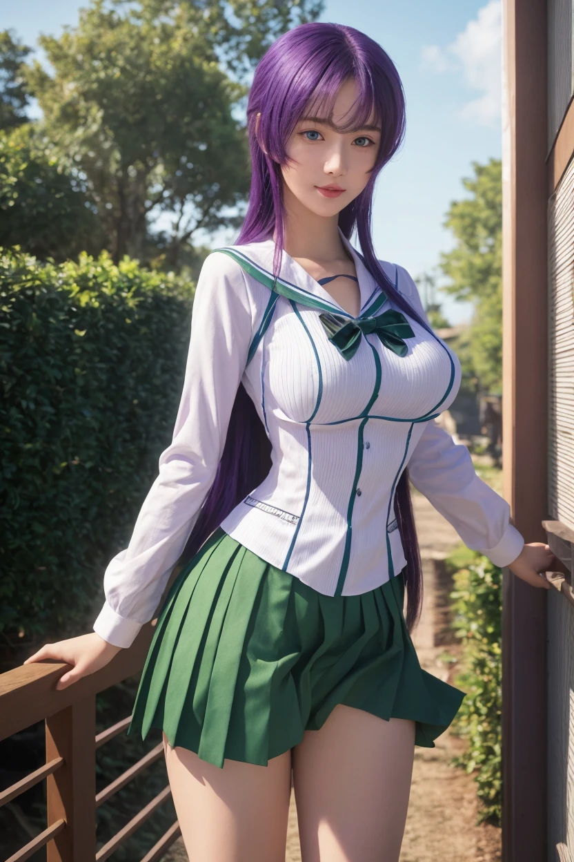 Anime My hero academia , woman with pale and delicate skin , slanted aqua green eyes , Long straight black hair , UA uniform , defined body , serious and firm , can : purple magic