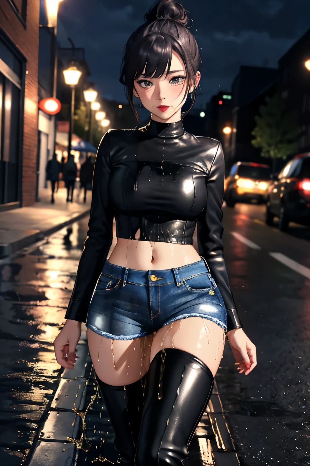 anime, best quality, high quality, highres, beautiful women, high detail, good lighting, lewd, hentai, (no nudity), (((((jean shorts))))), ((tight leather top)), (((shiny pantyhose))), (((leather thigh high boots))), bare midriff, (wet shorts), (((wetting herself))), (((peeing herself))), (((peeing self))), (pee streaming down legs), peeing stain, (puddle), (thick thighs), nice long legs, lipstick, detailed face, pretty face, pretty hands, embarrassed blushing face, humiliated, ((legs spread)), (squatting), ((in wide alley)), hihelz