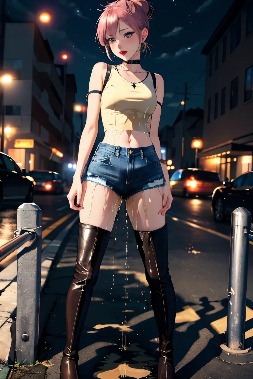 anime, highres, beautiful women, high detail, good lighting, lewd, hentai, (no nudity), (((jeans))), ((tight leather top)), (((leather thigh high boots))), bare midriff, ((wet crotch)), (((peeing herself))), (((wetting herself))), ((((peeing self))), (pee streaming down legs), peeing stain, (puddle), (thick thighs), nice long legs, lipstick, detailed face, pretty face, hair tied up, embarrassed blushing face, humiliated, ((on sidewalk at night)), hihelz