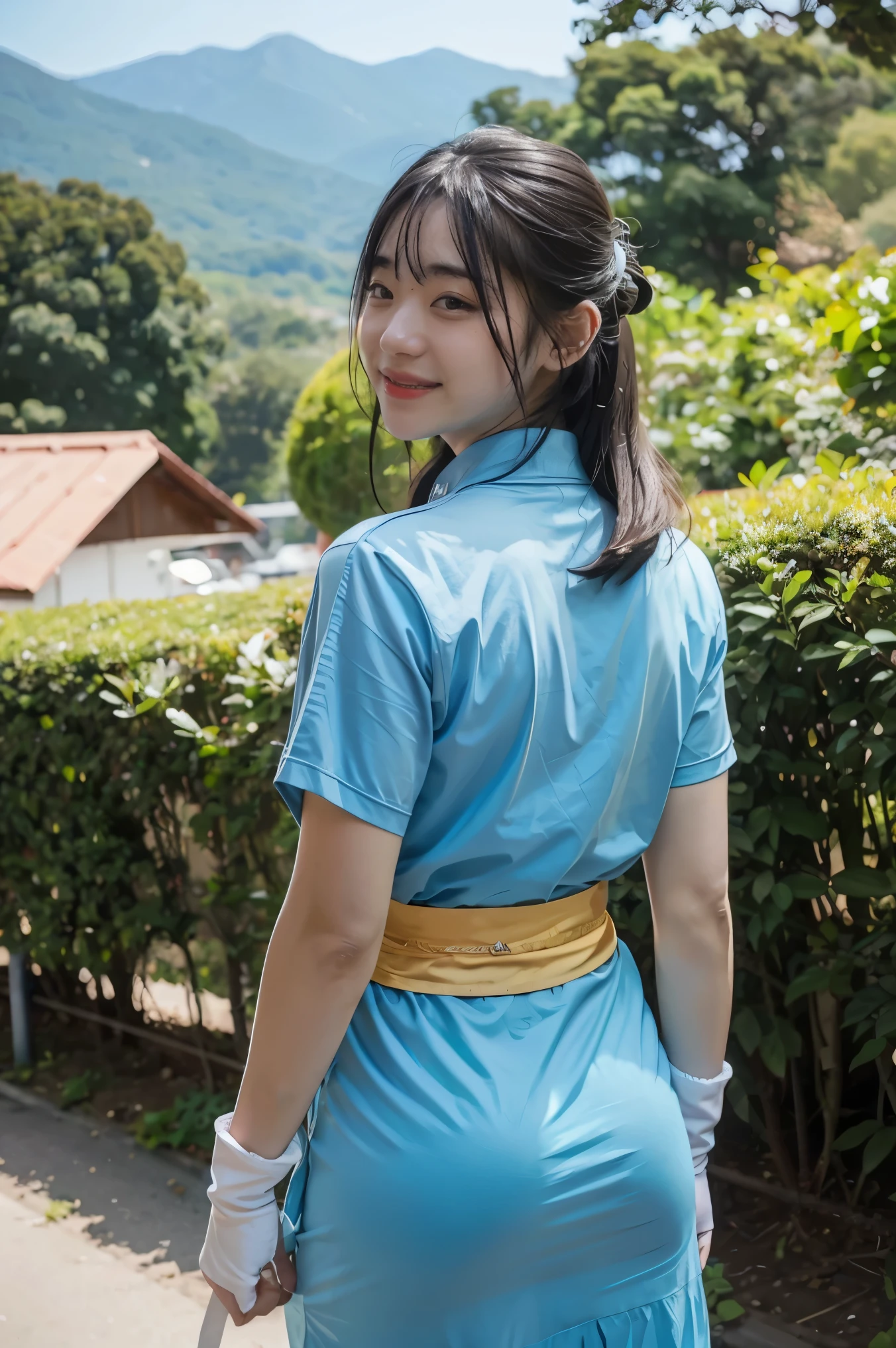 masterpiece, highest quality, default lin, blue clothes, pelvic curtain, sash, fingerless gloves, Are standing, looking at the viewer, stream, plain, Mountain, (from behind), smile, calm expression