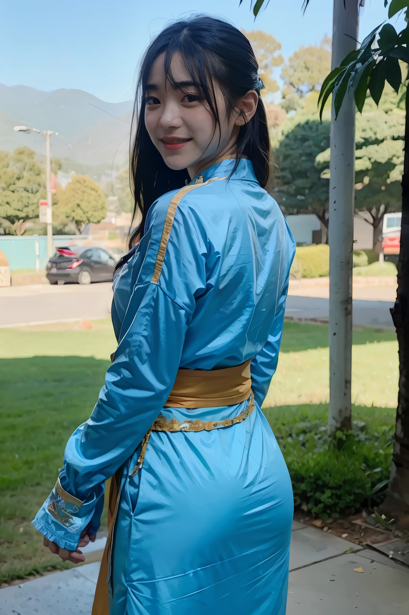 masterpiece, highest quality, default lin, blue clothes, pelvic curtain, sash, fingerless gloves, Are standing, looking at the viewer, stream, plain, Mountain, (from behind), smile, calm expression  