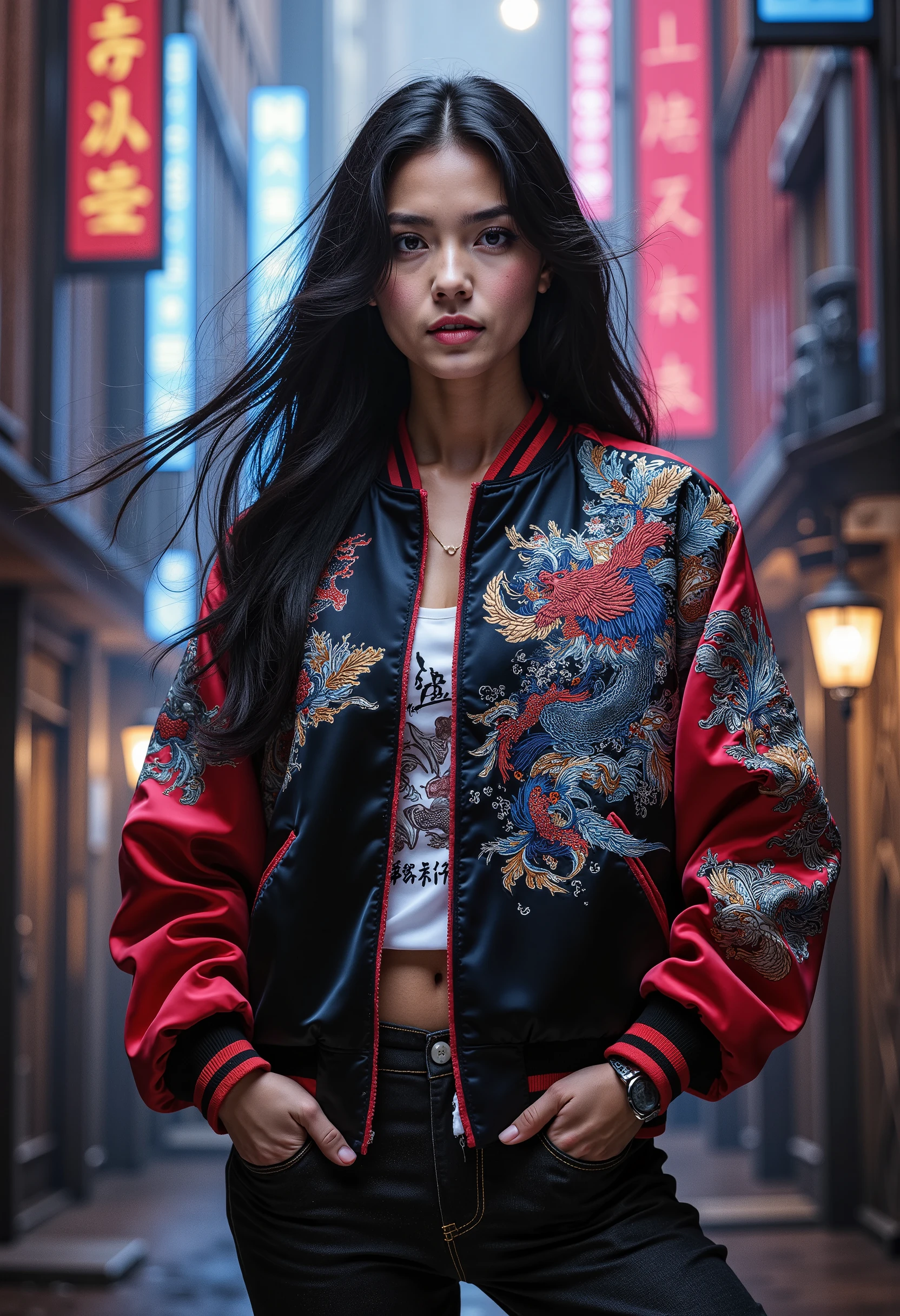 sukajan, Photo of a woman wearing sukajan jacket, red jacket, long black hair, modern city background, cyberpunk vibe