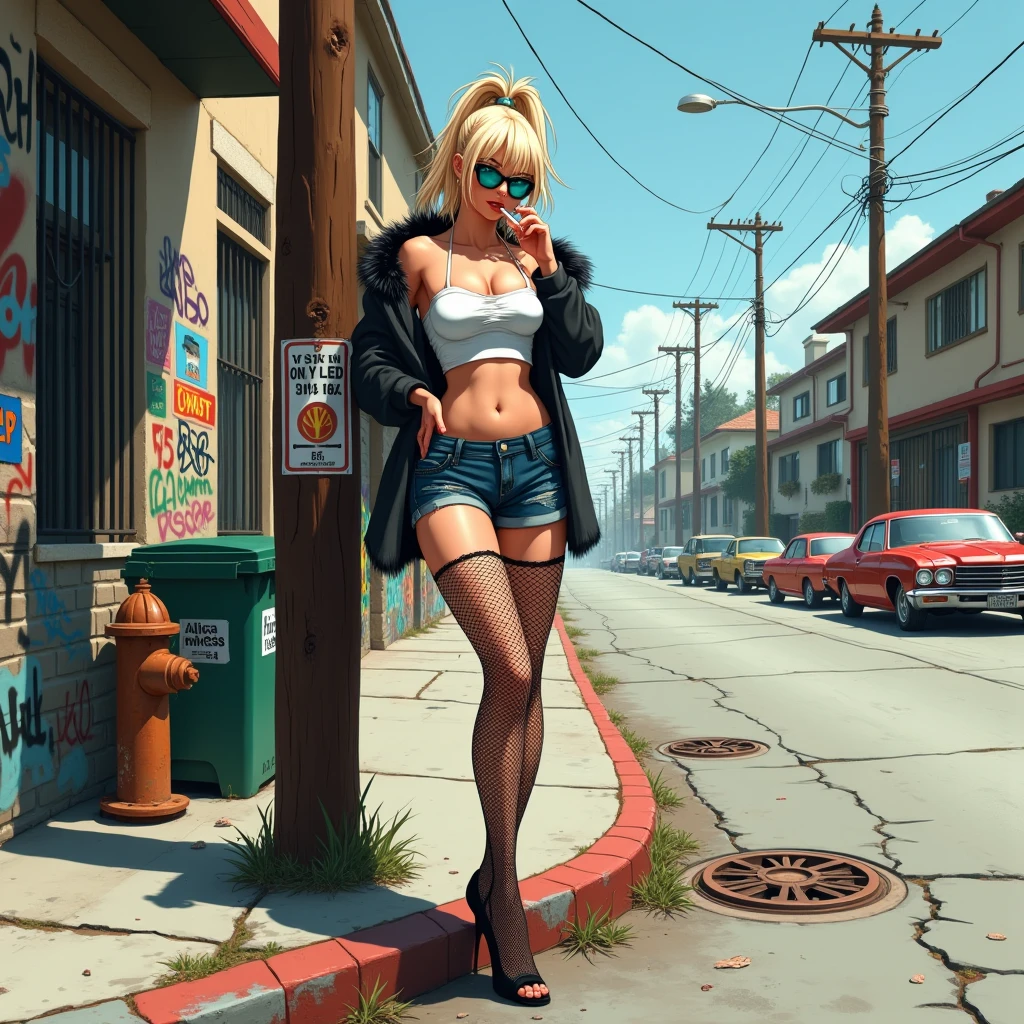 (best quality: 1.2), clean face, (masterpiece: 1.2, 8k) perfect anatomy, 1girl,a beautiful fashion model ,(masterpiece, official art, best quality  shiny hair, blonde hair with streaks in hair, full lips,  big breasts, looking at viewer, revealing outfit, absurdity, intricate details, dynamic pose, club, , wearing short shorts and a tight white top, cleavage, shiny body, thong straps, open shorts, celebrity, sunglasses, (stripping in public, exhibition, taking off shirt)