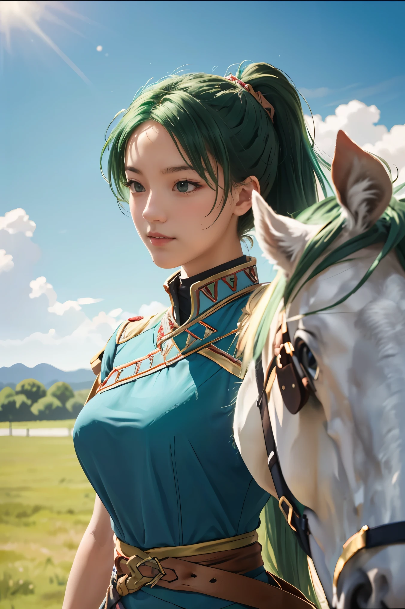 (masterpiece, best quality), intricate details,
1girl, lyn_(fire_emblem), 1girl, solo, ((green hair)), long hair, green eyes, high ponytail, blue dress, large breast, jewelry, fingerless gloves. hair ornament, lyn_(fire_emblem),
shooting range, she is holding an arrow, bows behind her back, white horse beside her,