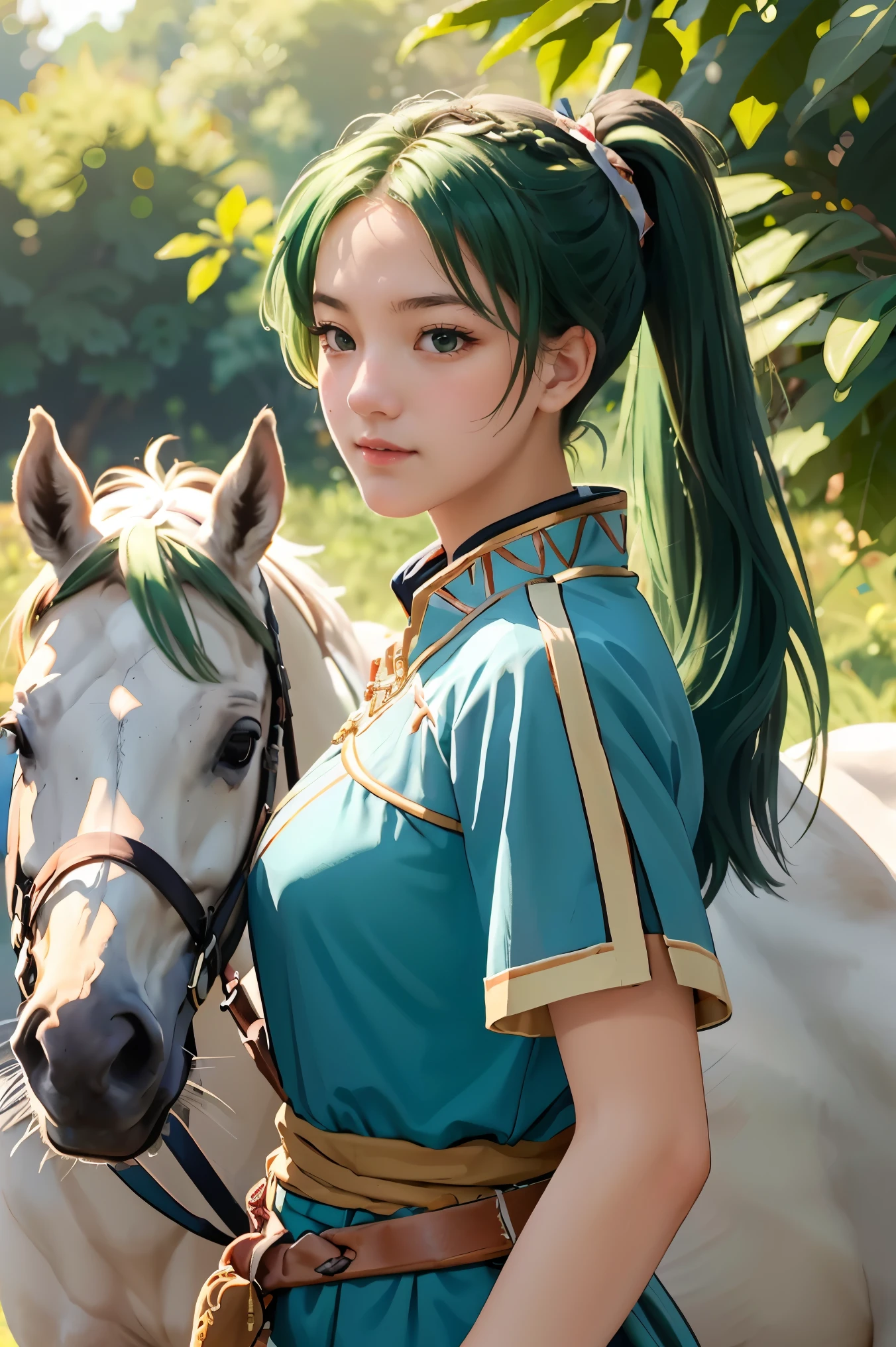 (masterpiece, best quality), intricate details,
1girl, lyn_(fire_emblem), 1girl, solo, ((green hair)), long hair, green eyes, high ponytail, blue dress, large breast, jewelry, fingerless gloves. hair ornament, lyn_(fire_emblem),
shooting range, she is holding an arrow, bows behind her back, white horse beside her,
