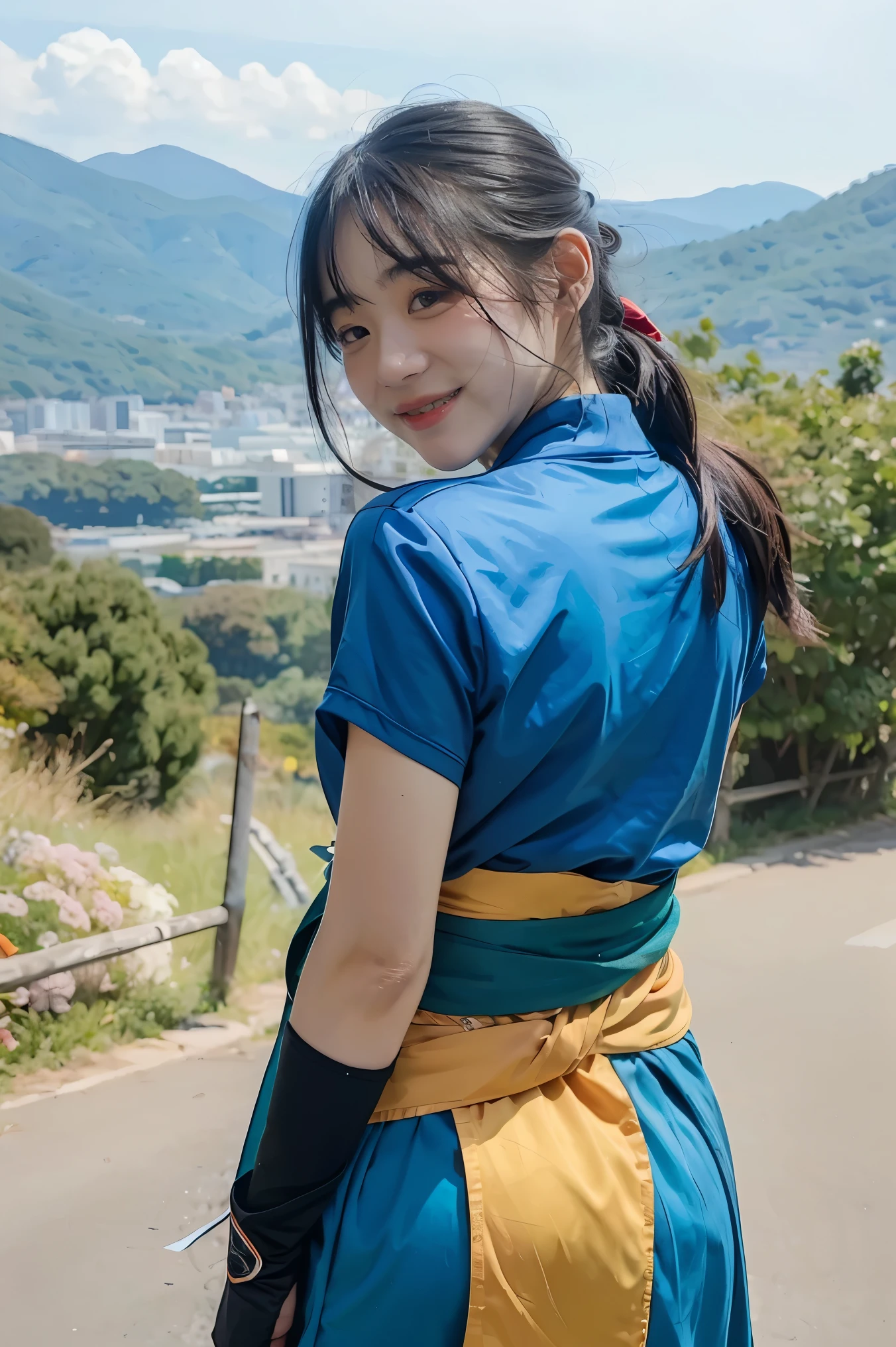 masterpiece, highest quality, default lin, blue clothes, pelvic curtain, sash, fingerless gloves, Are standing, looking at the viewer, stream, plain, Mountain, (from behind), smile, calm expression