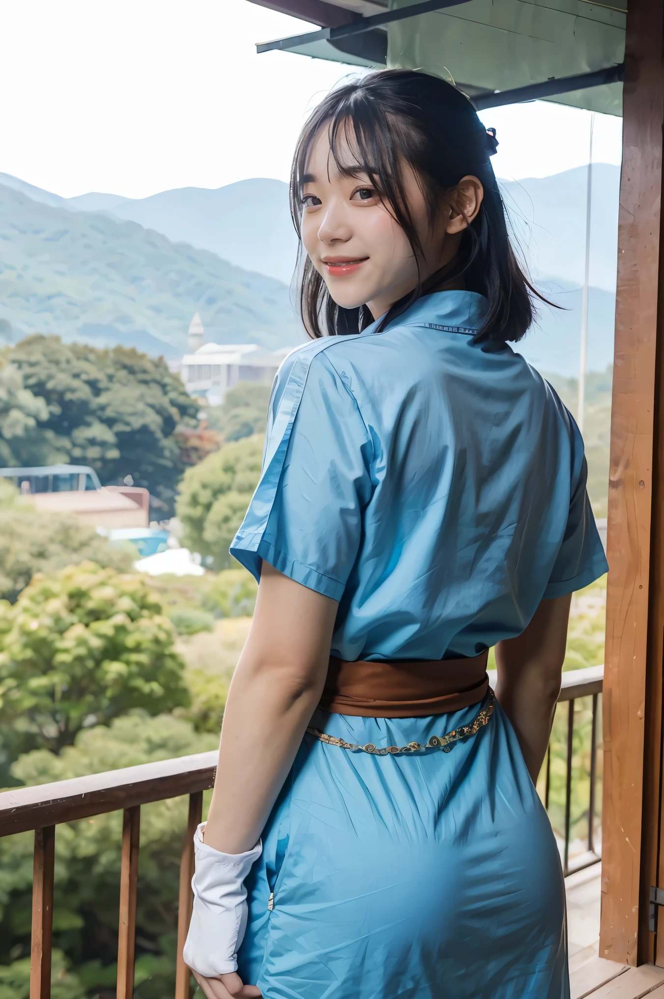 masterpiece, highest quality, default lin, blue clothes, pelvic curtain, sash, fingerless gloves, Are standing, looking at the viewer, stream, plain, Mountain, (from behind), smile, calm expression