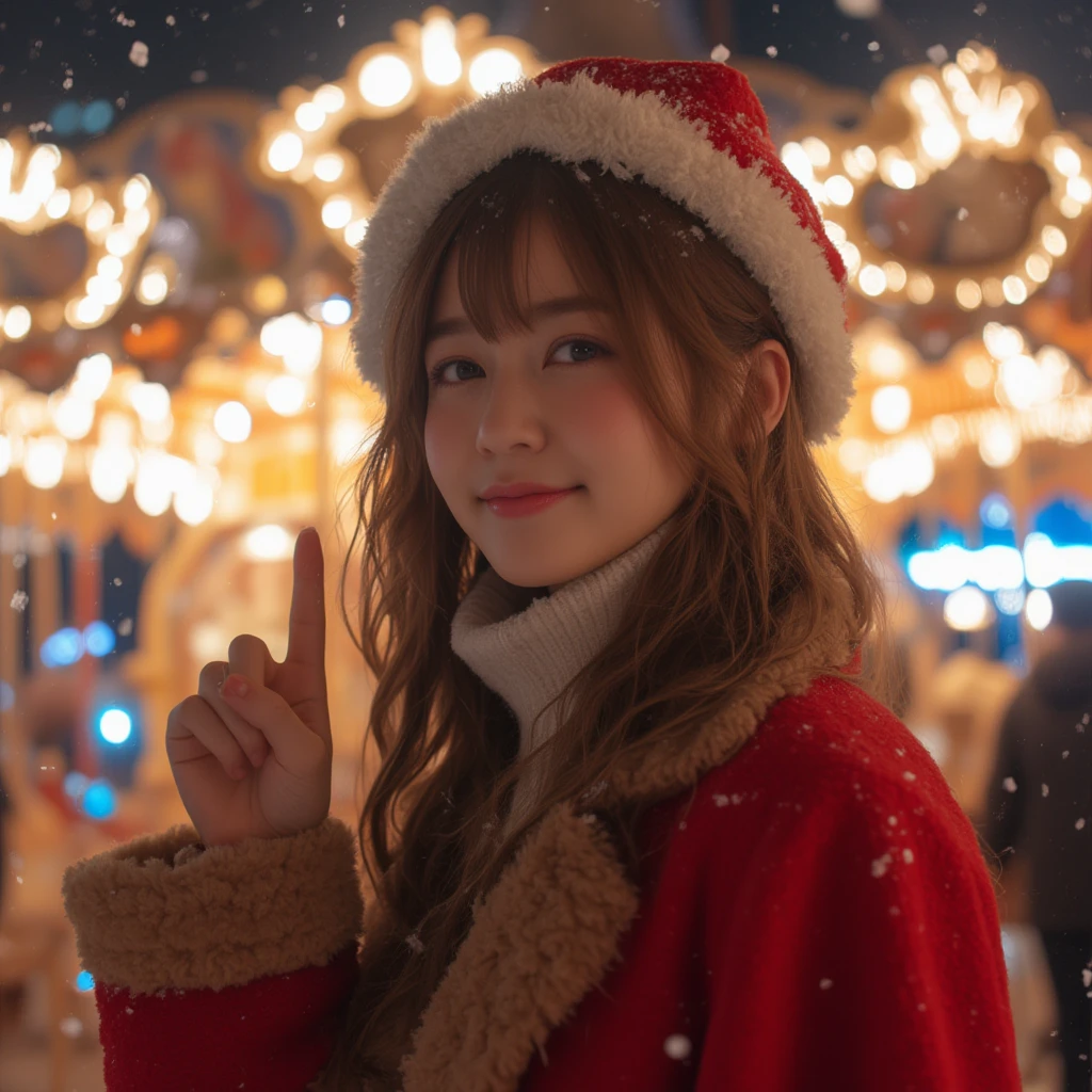 "A portrait of an East-Asian woman standing confidently in front of a carousel at night during winter. She is smiling warmly, tilting her head slightly, and holding up one finger. She is wearing a red cape with stylish winter clothes, her long hair with choppy bangs in front. Soft snow is falling around her, adding a magical, serene atmosphere. The brightly lit carousel and the vibrant amusement park lights in the background create a beautiful, dreamlike scene."