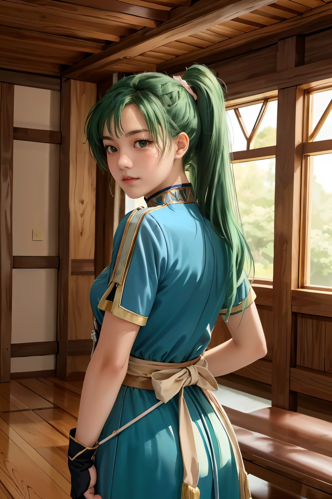 (masterpiece, best quality), intricate details,
1girl, lyn_(fire_emblem), 1girl, solo, ((green hair)), long hair, green eyes, high ponytail, blue dress, large breast, jewelry, fingerless gloves. hair ornament, lyn_(fire_emblem),
shooting range, she is holding an arrow, bows behind her back, white horse beside her,