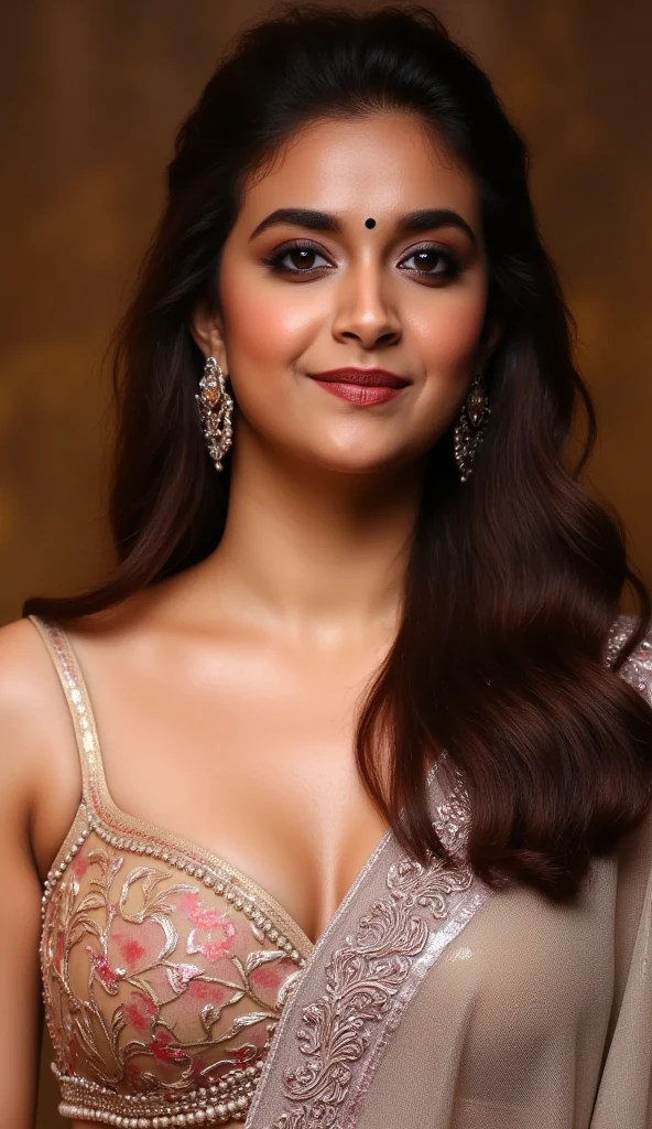 (masterpiece, best quality:1.2), 1girl, solo, showing her belly, bare shoulders, breasts,cleavage, sexy long waist, brown hair, saree, cleavage, jewelry, large breasts, lips, lipstick, photorealistic, detailed facial features, ethereal lighting, dramatic shadows, vibrant colors, cinematic composition,sexy hip amd waist