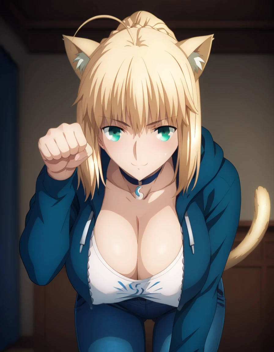 Highest quality, official style, very aesthetic, score_8_up, score_9_up, score_7_up, High Resolution, 1 woman, artoria pendragon, artoria pendragon \(fate\), saber, blonde hair, green eyes, ahoge, sidelocks, official art, black hoodie, white shirt, jeans, choker, cleavage, bent over, leaning forward, seductive smile, seductive, bedroom eyes, blush, gigantic breasts, erect nipples, ponytail, face waiting for kiss, cowboy shot, masterpiece, high details, high quality, super detail, best quality, cat ears, cat tail, paw pose,