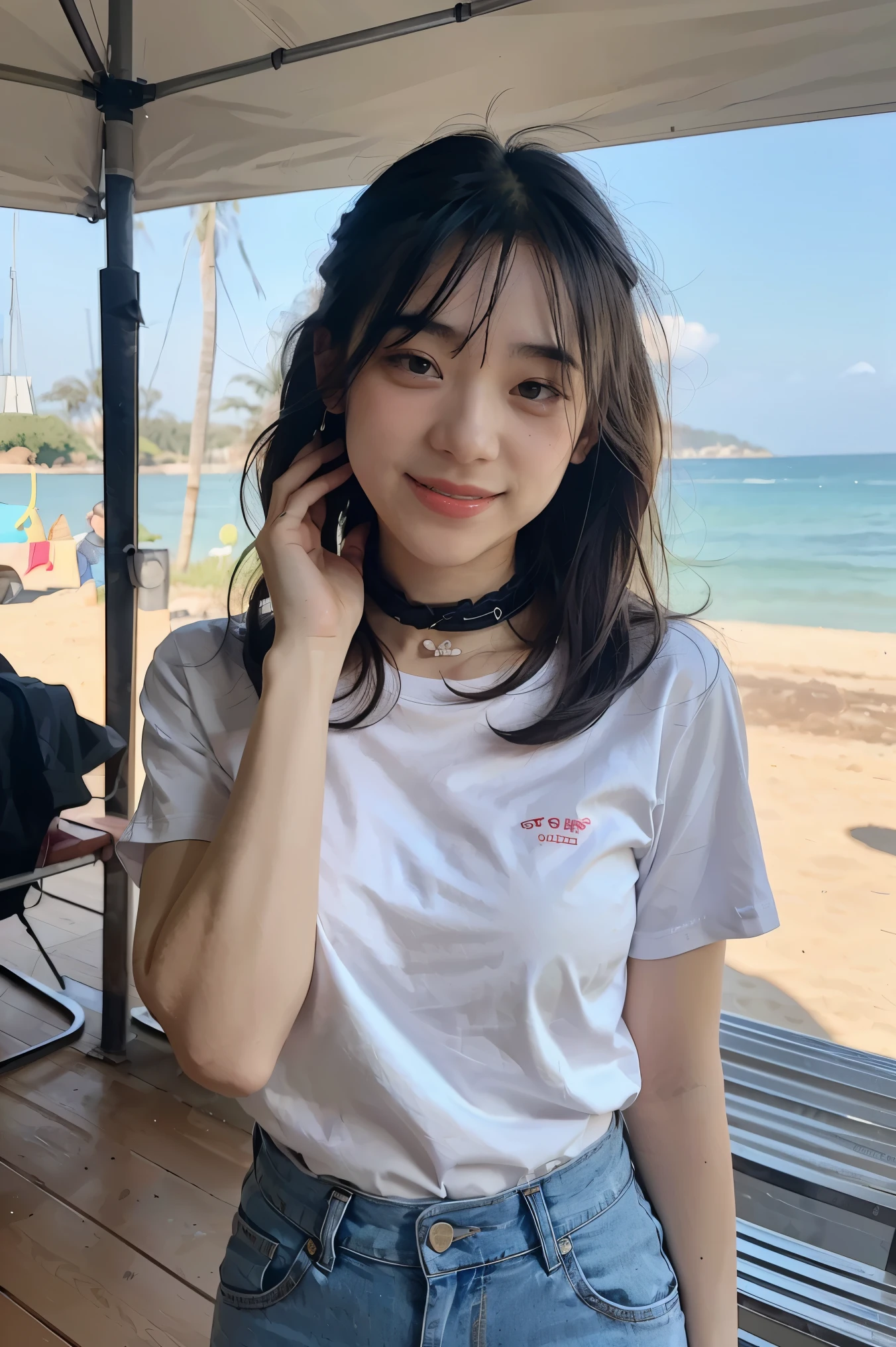 (8k, RAW Photo, Best Quality, Masterpiece:1.3),(Real,Photo:1.37),(Looking at Viewers:1.331),(Black Hair),Pose,Beachfront,Morning View,Sunrise,Clear Sky,1Girl,Very Beautiful Face,Small,Put Your Hands Down,Pony Hairstyle,Weight Hair,Fluffy Hair,Shoulder Length,Straight Hair,Random Expression,Smile at the Corner of Mouth,Big Eyes,(T-shirt,Round Collar,Short Sleeves,Opaque Color,Shirt Color),(Wearing Pants),mix4,No Hair Accessories,Best Quality Hair