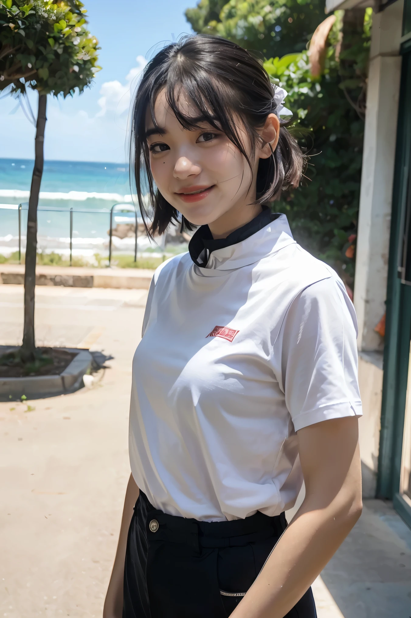 (8k, RAW Photo, Best Quality, Masterpiece:1.3),(Real,Photo:1.37),(Looking at Viewers:1.331),(Black Hair),Pose,Beachfront,Morning View,Sunrise,Clear Sky,1Girl,Very Beautiful Face,Small,Put Your Hands Down,Pony Hairstyle,Weight Hair,Fluffy Hair,Shoulder Length,Straight Hair,Random Expression,Smile at the Corner of Mouth,Big Eyes,(T-shirt,Round Collar,Short Sleeves,Opaque Color,Shirt Color),(Wearing Pants),mix4,No Hair Accessories,Best Quality Hair