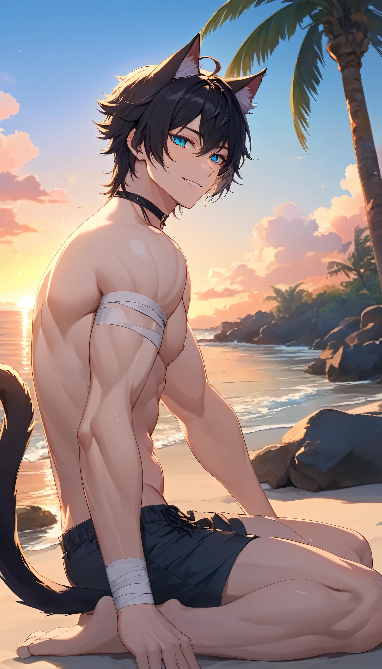 1 man, handsome, masculine, adult man, broad shoulders, ((black hair on chin)), smiling, looking at viewer, ((lazy eyes, between eyelids, bags under eyes, black eyes with white pupils)),((black hair, medium length hair, shaggy hairstyle, messy hair)), he is showing his big and hard cock, he is naked showing his abs,