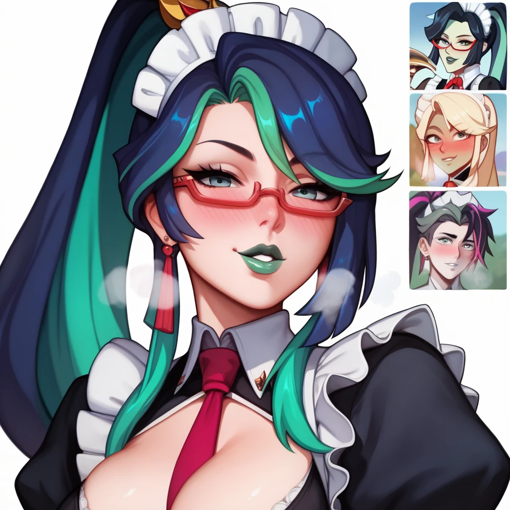 A female,green lip gloss, streaked hair, long ponytail, shiny hair, maid headdress, red over-rim eyewear, full blush, parted lips, seductive smile, heavy breathing, framed, tachi-e, stereogram, UHD, textured skin, masterpiece, highres, 16k, 1080P，Upper focus
