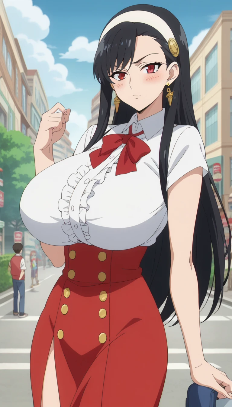 Prompt: (huge gigantic super mega hyper:1.1),(biggest round giant massive :1.1), (only one women) ,front view ,city,sexy poses, source_anime,masterpiece,best quality,highres,absurdres,official art,official style,source_anime,anime screencap,anime coloring,megami magazine,anime,animated,explicit, shiny skin,large breasts,  black hair , yor ,spyxfamily,blush, side, on side,   yor,black hair, red eyes, gold earrings, looking at viewer,long hair with long locks, sidelocks, white hairband, hair ribbon,