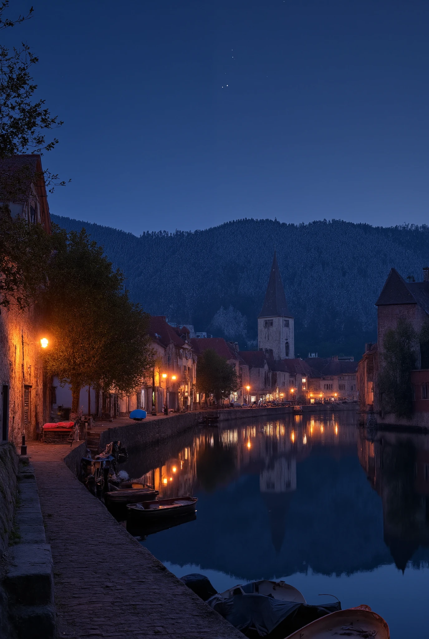 Picture a European cityscape reflected on the surface of a quiet lake. The city is lined with stone buildings that evoke a medieval atmosphere and are characterized by red roofs and spires. The buildings are lit by warm orange streetlights, and the stars in the night sky softly envelop the city. The surface of the lake is as still as a mirror, beautifully reflecting the buildings and lights of the city. Describe the cobblestone pathways along the lake's edge and the small boats anchored there. Emphasize the overall calm and magical atmosphere and the subtle contrast of light and shadow.