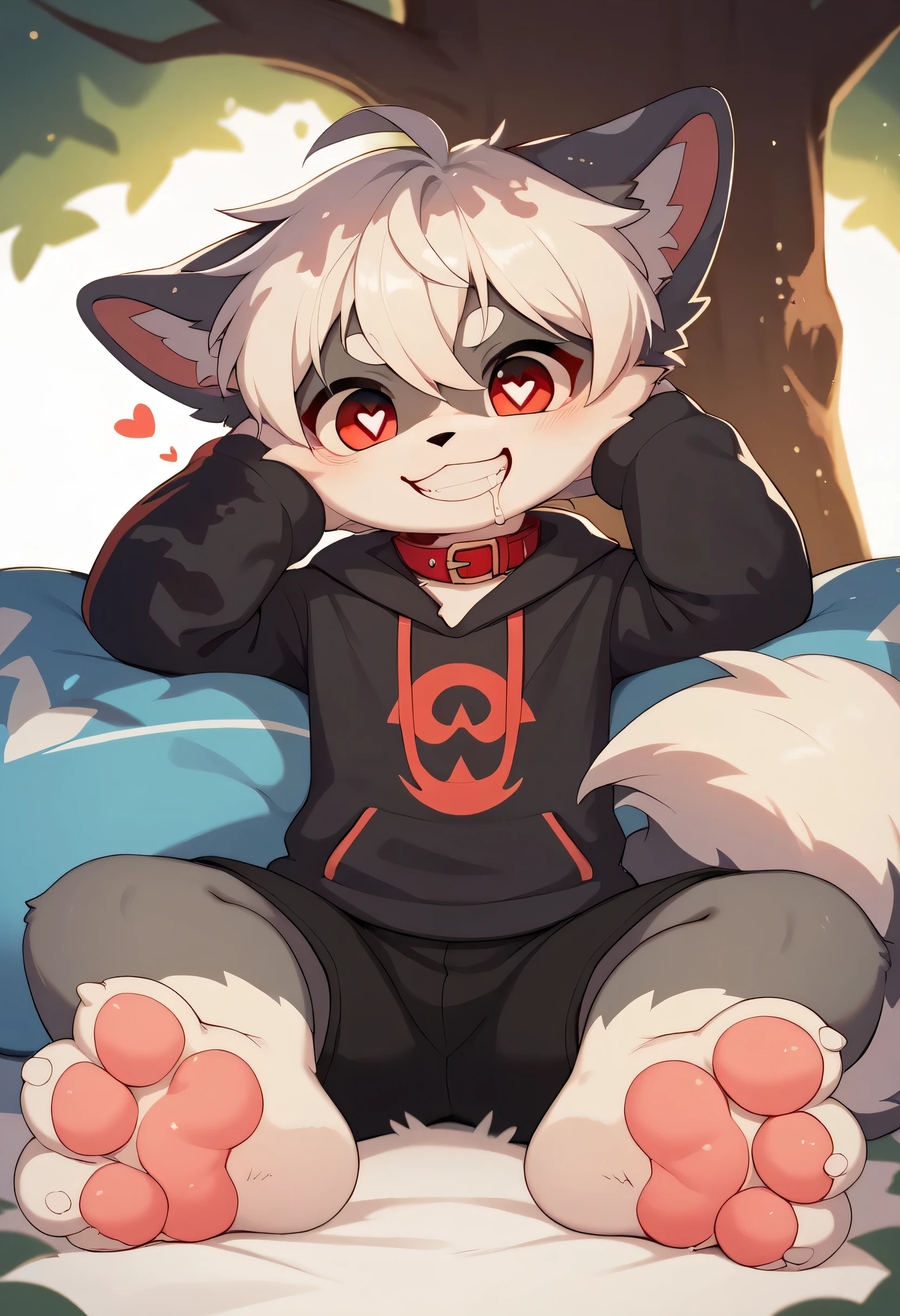  very detailed, very detailed, white hair with grey fur,Age 15,female,Heart Eyes,participate,Red collar, cute face, fluffy fur with a large shield,Horny boy ,White background,Droopy ears, blush nose ,Up in the tree,smile,Lick the soles of the feet ,grin,Show me paws, show the soles of the feet,sit,Red collar鳴き声,sleep,Estrus season,excited,Fur Boy, an uneasy face,brainwashing, drool , black shorts, sweatshirt , Long Sleeve ,Trendy,