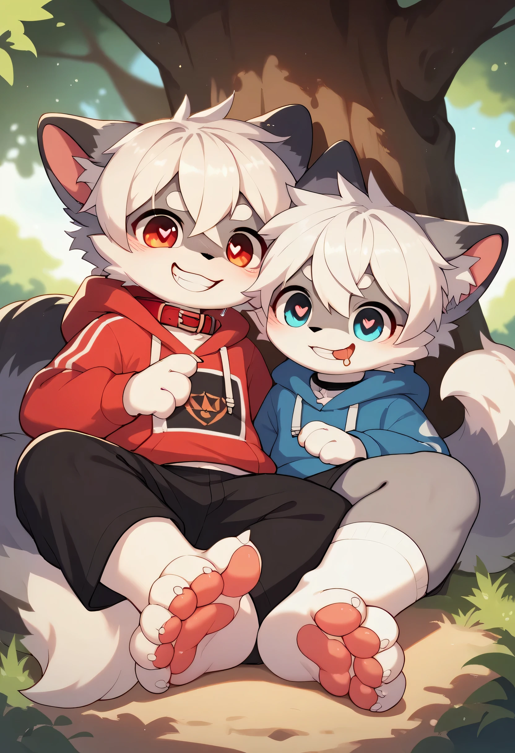  very detailed, very detailed, white hair with grey fur,,female,Heart Eyes,participate,Red collar, cute face, fluffy fur with a large shield,Horny boy ,White background,Droopy ears, blush nose ,Up in the tree,smile,Lick the soles of the feet ,grin,Show me paws, show the soles of the feet,sit,Red collar鳴き声,sleep,Estrus season,excited,Fur Boy, an uneasy face,brainwashing, drool , black shorts, sweatshirt , Long Sleeve ,Trendy,