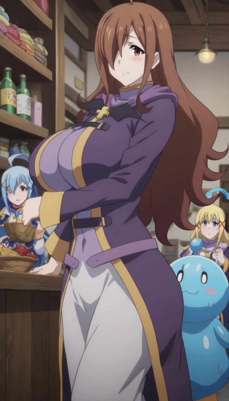 Prompt: (huge gigantic super mega hyper:1.1),(biggest round giant massive :1.1), (only one women) front view ,sexy poses,inside a shop, slime monster behind,source_anime,masterpiece,best quality,highres,absurdres,official art,official style,source_anime,anime screencap,anime coloring,megami magazine,anime,animated,explicit, shiny skin,large breasts,  brown hair , wiz ,konosuba,blush, side, on side,   wiz,