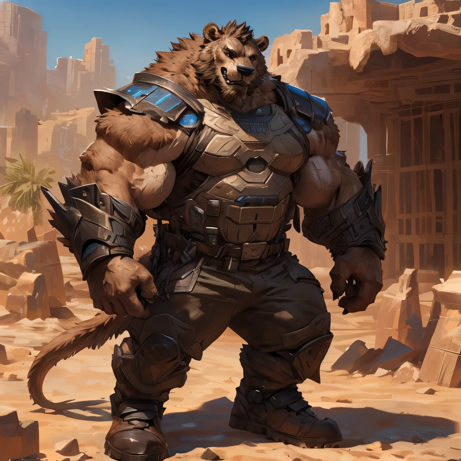 By Taran Fiddler, an alone anthropomorphic badass nomad smilodon (realistic, detailed, american shot, aesthetic body, well-built body, 1.6 meters tall, white-brown fur, aesthetic physique, beefy, massive physique, extremely broad shoulders, extremely broad shoulders, very burly, muscular, smilodon tail, smilodon head (smilodon head, light-brown fur, brown thick full mustache, brown thick trimmed short beard, brown short hair), light-brown fur, wears a futuristic grey upperbody armor, wears a black futuristic armored military pant, wears black futuristic military boots, wears a futuristic grey upperbody armor) standing, in an oasis in a desert with giant crystals.