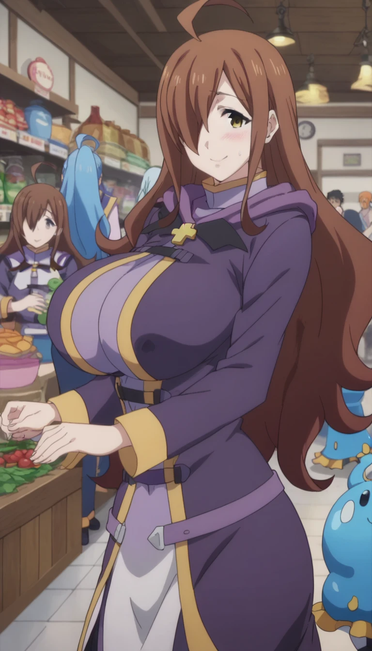 Prompt: (huge gigantic super mega hyper:1.1),(biggest round giant massive :1.1), (only one women) front view ,sexy poses,inside a shop, slime monster behind,source_anime,masterpiece,best quality,highres,absurdres,official art,official style,source_anime,anime screencap,anime coloring,megami magazine,anime,animated,explicit, shiny skin,large breasts,  brown hair , wiz ,konosuba,blush, side, on side,   wiz,happy, 