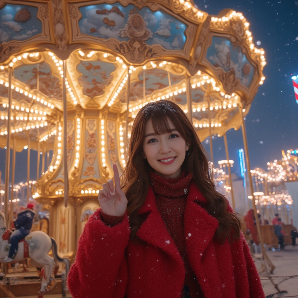 A beautifully detailed carousel in an amusement park at night during winter. The carousel is adorned with intricate golden patterns and elegant carvings of mythical creatures like unicorns and winged horses. Its roof is illuminated by soft, warm lights, and each panel displays hand-painted scenes of dreamy landscapes and starry skies. The ride's poles glisten with frost, and the rotating platform is surrounded by gently glowing lanterns. Snowflakes drift softly through the air, adding a magical shimmer to the scene.

In front of this enchanting carousel, an East-Asian woman stands confidently. She is smiling warmly, tilting her head slightly, and holding up one finger. Her stylish winter attire includes a vibrant red cape, paired with elegant layers of clothing. Her long hair, styled with choppy bangs, frames her face beautifully. The softly falling snow enhances the serene and dreamlike atmosphere, while the amusement park lights in the background add depth and vibrancy to the composition.