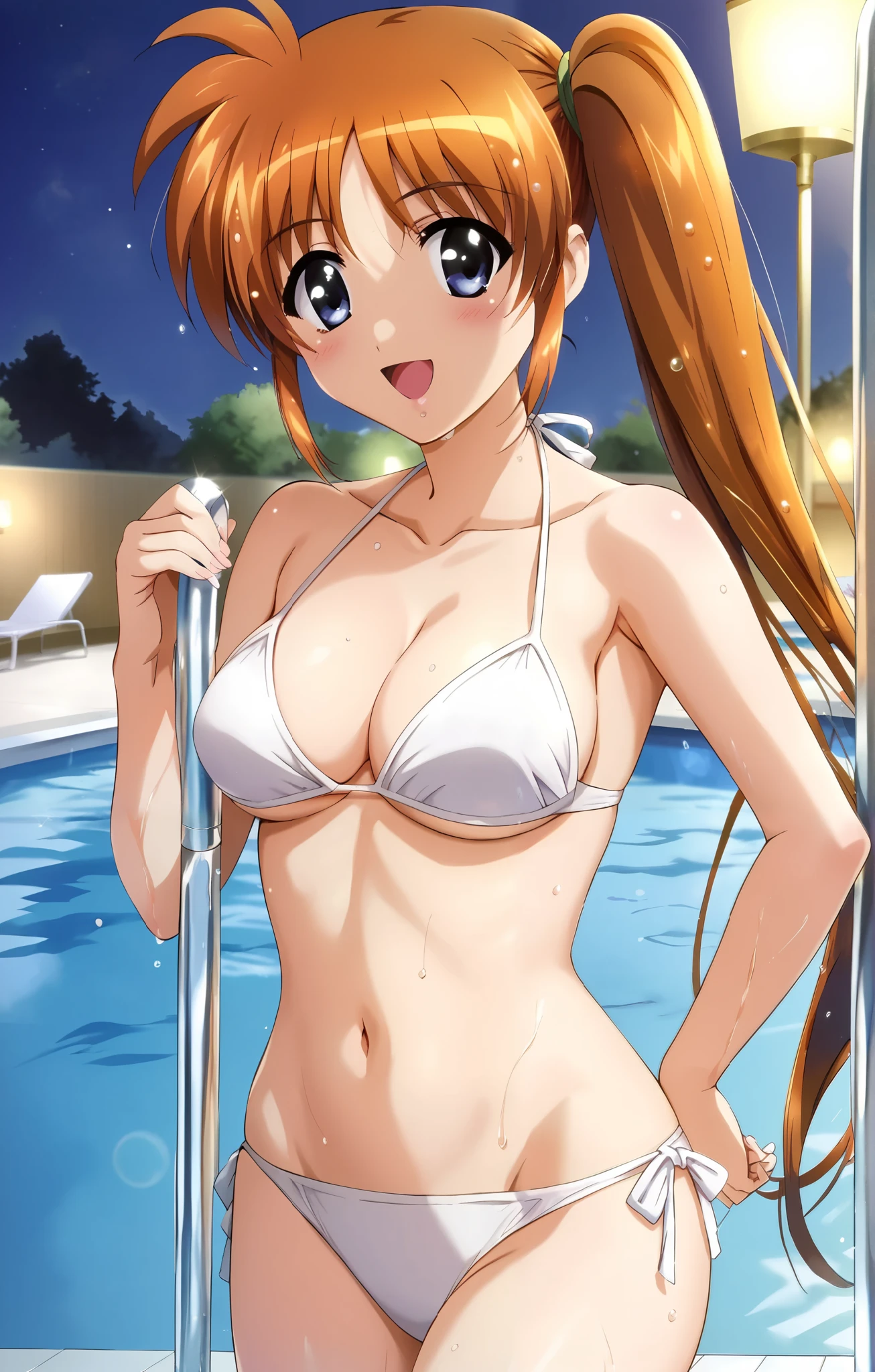 Nanoha, ((cowboy shot)), (White Bikini:1.2), ( slender), ( I'm shy :1.2), (Red cheeks:1.2), ( is fascinated:1.1), (Happy smile:1.1), (Beautiful breasts), (wet:1.3), (Pool:1.2), (night:1.2),  score_9,  score_8_superior,  score_7_superior, sauce_anime, (best quality1.2), 細部までこだわったanime, masterpiece,  high quality, full color, 8k,  high definition , In detail,  fine texture,  High Contrast ,  NATURAL MAKEUP, Front light, nsfw