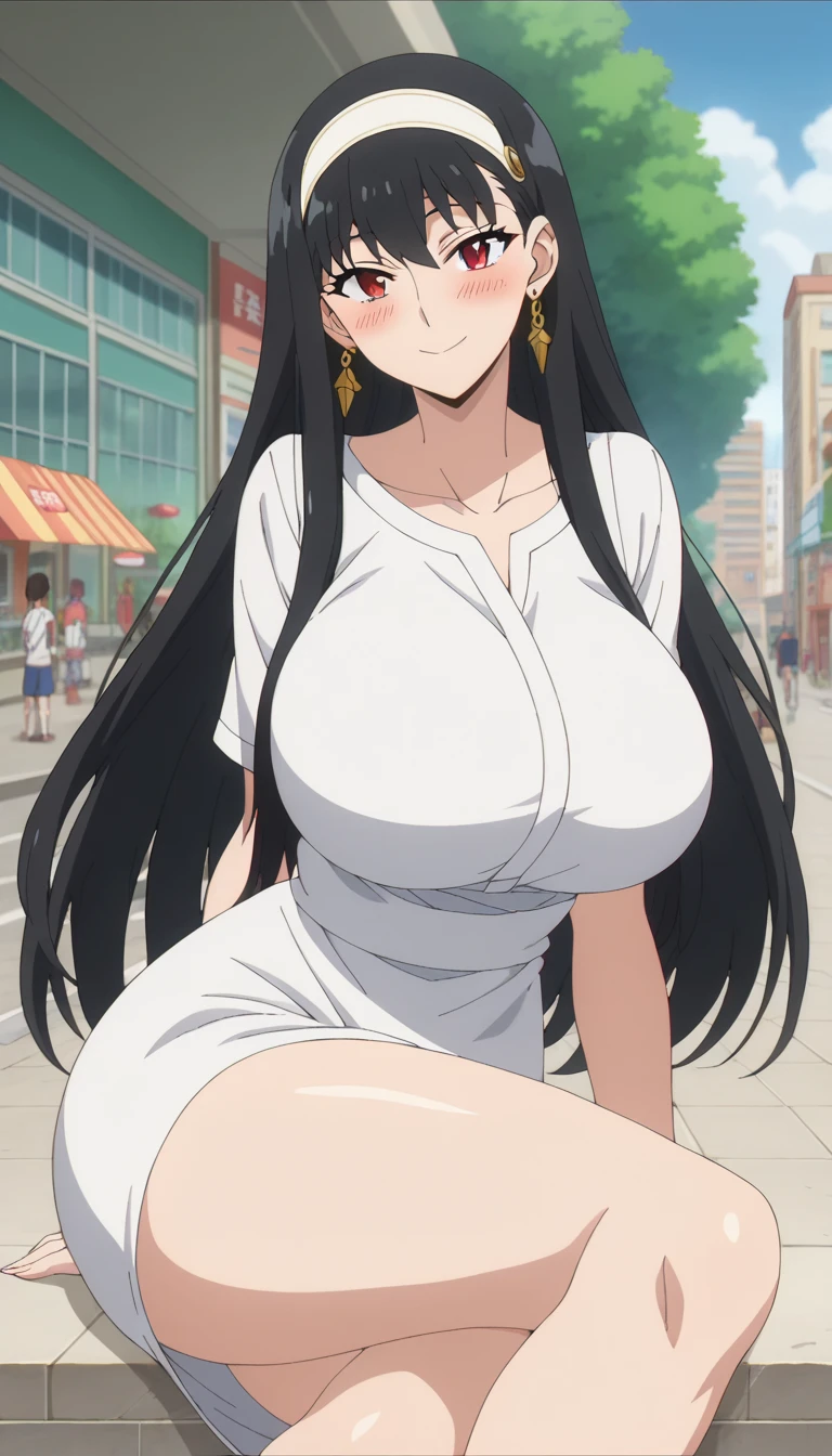 Prompt: (huge gigantic super mega hyper:1.1),(biggest round giant massive :1.1), (only one women) ,front view ,city,sexy poses, source_anime,masterpiece,best quality,highres,absurdres,official art,official style,source_anime,anime screencap,anime coloring,megami magazine,anime,animated,explicit, shiny skin,large breasts,  black hair , yor ,spyxfamily,blush, side, on side,   yor,black hair, red eyes, gold earrings, looking at viewer,long hair with long locks, sidelocks, white hairband, hair ribbon,happy