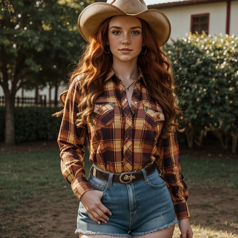 18 year old cowgirl, long curly red hair, small cow horns, cow ears, emerald green eyes, freckles, thin lips, round face, cow tail, long sleeve plaid button-down shirt, red plaid shirt, gold bell on ribbon around neck, huge bust, wide hips, thick thighs, worn denim shorts, cowgirl boots with spurs, looking at viewer excitedly, (best quality, 4k, 8k, high resolution, masterpiece: 1.2), ultra detailed, (realistic, photorealistic, photorealistic: 1.37), HDR, UHD, studio lighting, ultra fine painting, sharp focus, physically based rendering, extreme detail description, professional, vivid color, bokeh, portrait