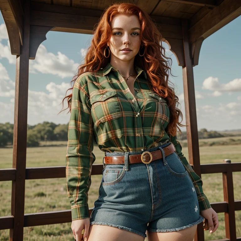 18 year old cowgirl, long curly red hair, small cow horns, cow ears, emerald green eyes, freckles, thin lips, round face, cow tail, long sleeve plaid button-down shirt, red plaid shirt, gold bell on ribbon around neck, huge bust, wide hips, thick thighs, worn denim shorts, cowgirl boots with spurs, looking at viewer excitedly, (best quality, 4k, 8k, high resolution, masterpiece: 1.2), ultra detailed, (realistic, photorealistic, photorealistic: 1.37), HDR, UHD, studio lighting, ultra fine painting, sharp focus, physically based rendering, extreme detail description, professional, vivid color, bokeh, portrait