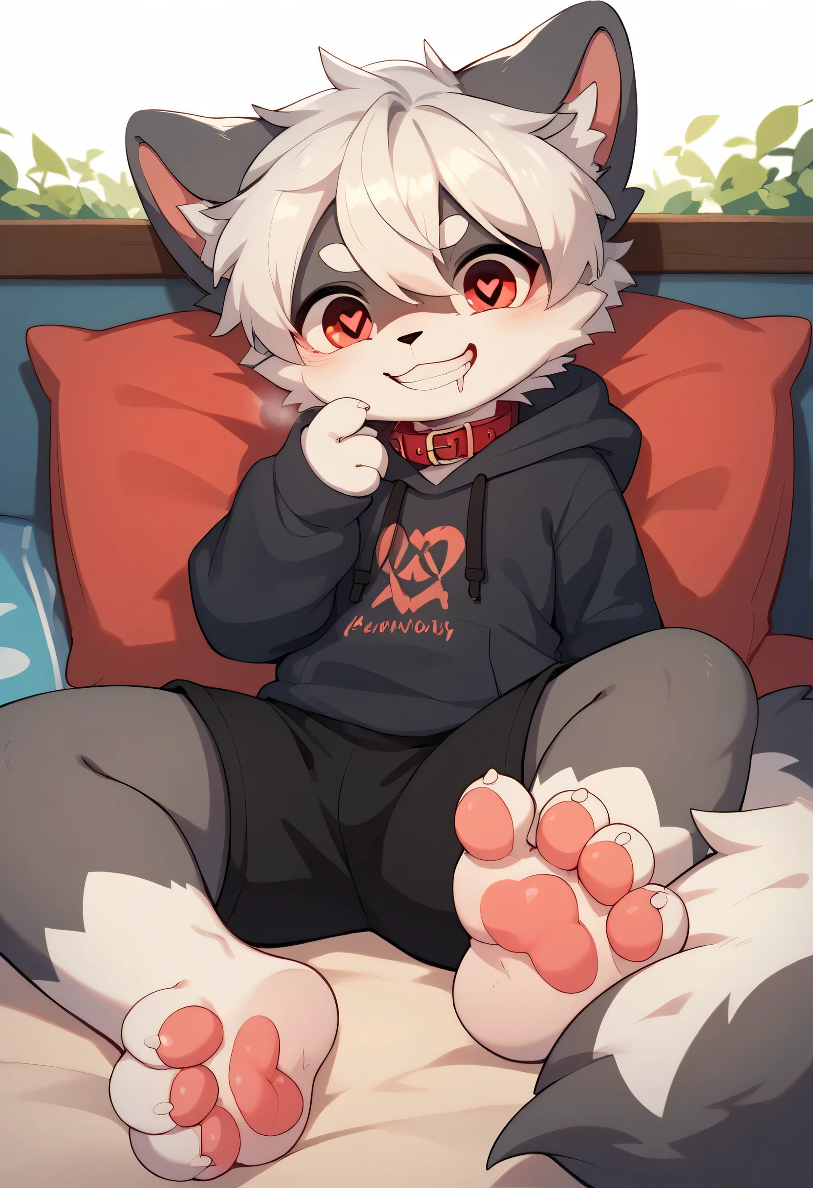  very detailed, very detailed, white hair with grey fur,,female,Heart Eyes,participate,Red collar, cute face, fluffy fur with a large shield,Horny boy ,White background,Droopy ears, blush nose ,Up in the tree,smile,Lick the soles of the feet ,grin,Show me paws, show the soles of the feet,sit,Red collar鳴き声,sleep,Estrus season,excited,Fur Boy, an uneasy face,brainwashing, drool , black shorts, sweatshirt , Long Sleeve ,Trendy,