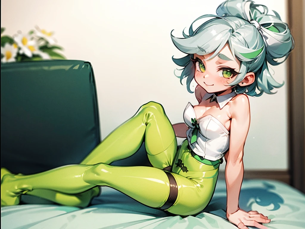  High Quality,Marie, sit on bed,Green tights,Leg spread, full body is shown