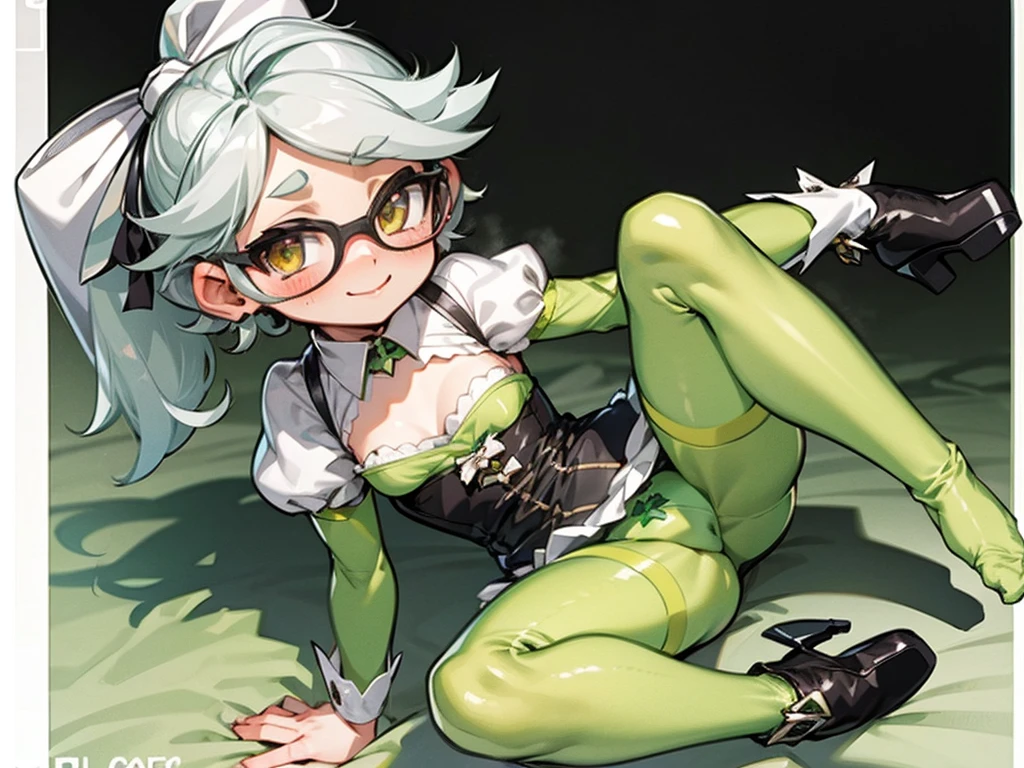  High Quality,Marie, sit on bed,Green tights,Leg spread, full body is shown