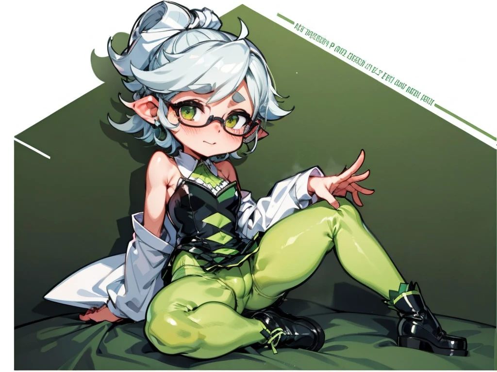  High Quality,Marie, sit on bed,Green tights,Leg spread, full body is shown