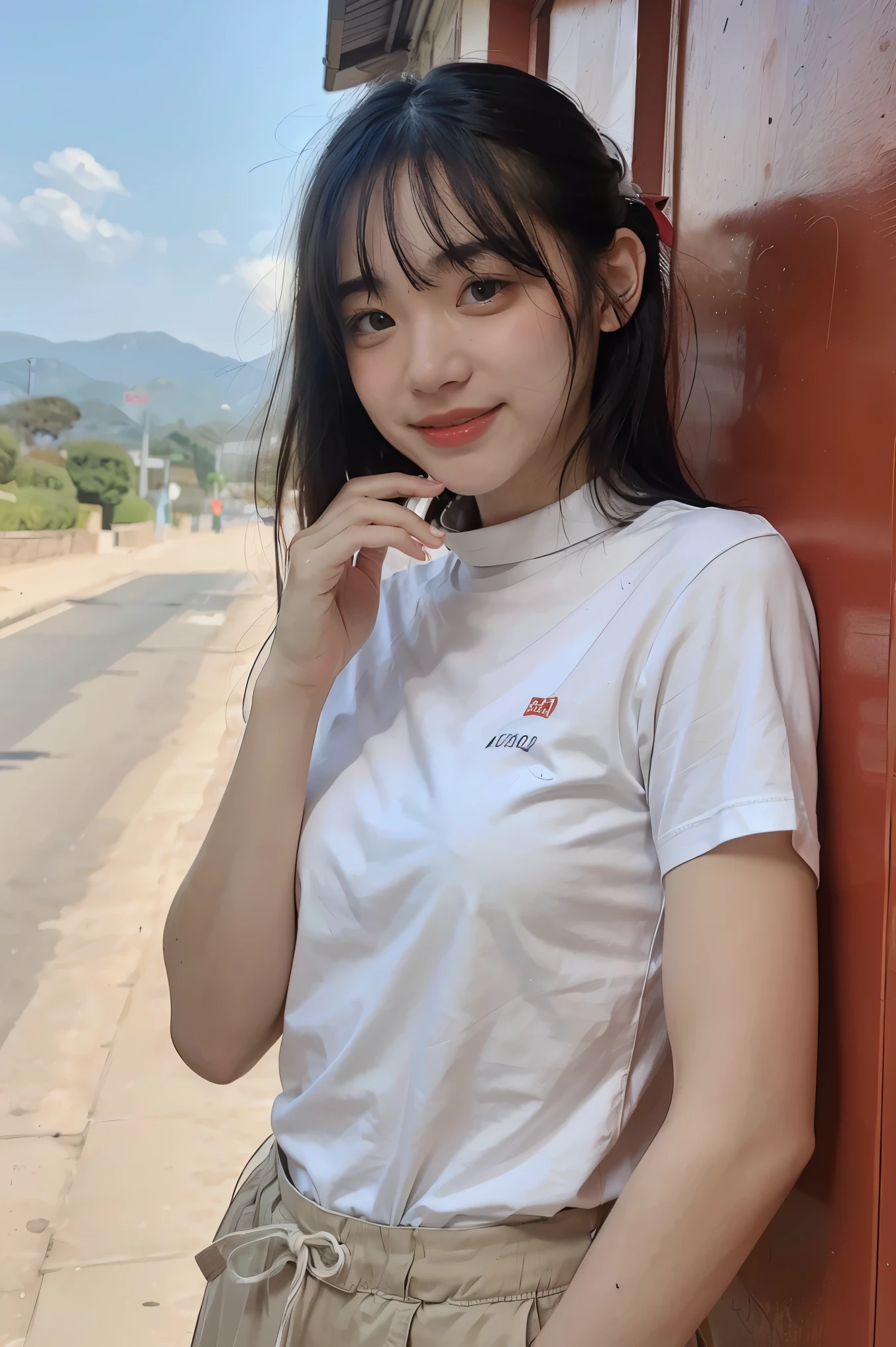 (8k, RAW Photo, Best Quality, Masterpiece:1.3),(Real,Photo:1.37),(Looking at Viewers:1.331),(Black Hair),Pose,Beachfront,Morning View,Sunrise,Clear Sky,1Girl,Very Beautiful Face,Small,Put Your Hands Down,Pony Hairstyle,Weight Hair,Fluffy Hair,Shoulder Length,Straight Hair,Random Expression,Smile at the Corner of Mouth,Big Eyes,(T-shirt,Round Collar,Short Sleeves,Opaque Color,Shirt Color),(Wearing Pants),mix4,No Hair Accessories,Best Quality Hair