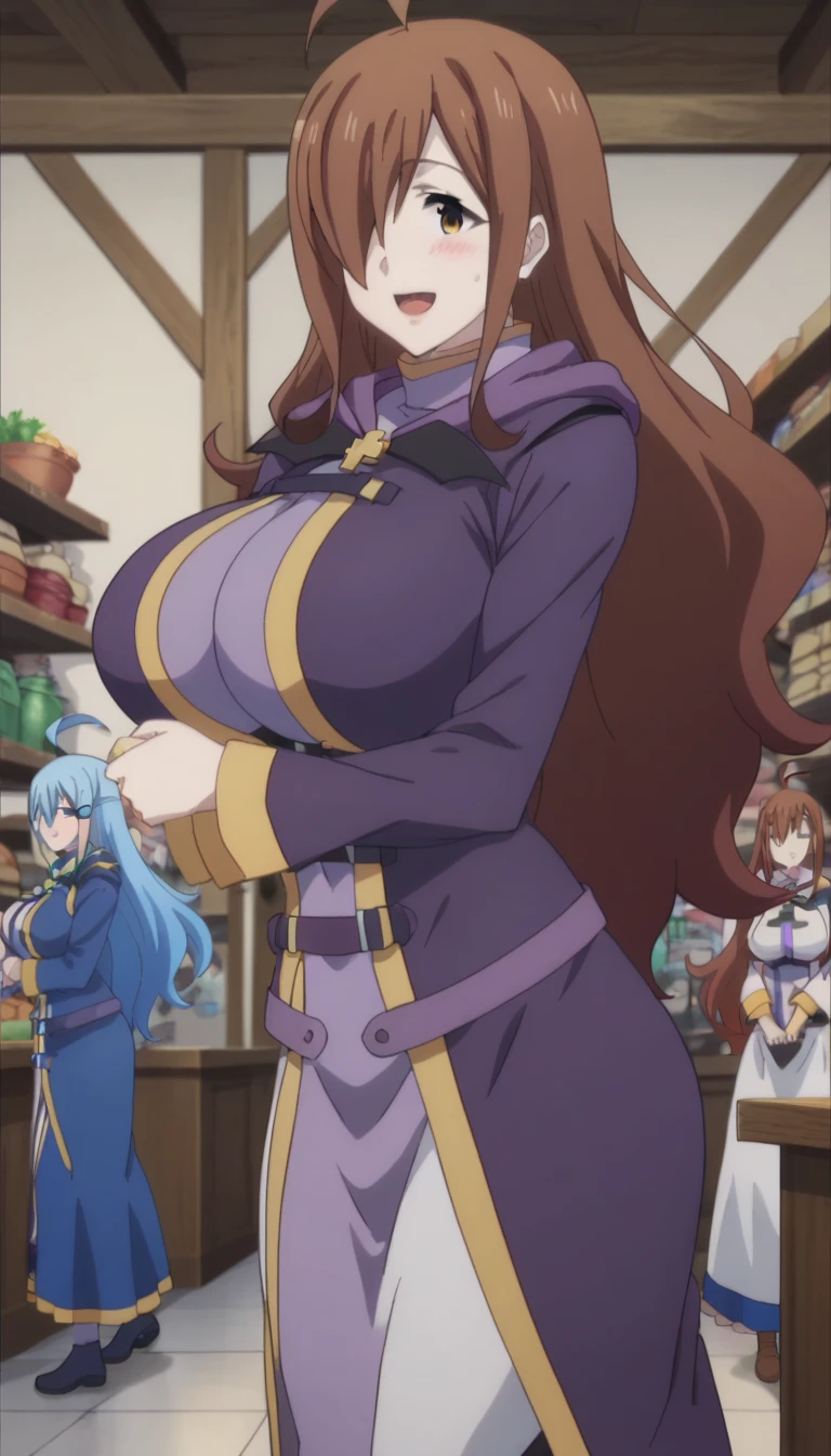 Prompt: (huge gigantic super mega hyper:1.1),(biggest round giant massive :1.1), (only one women) ,front view ,sexy poses,inside a shop, slime monster touching her boobs,source_anime,masterpiece,best quality,highres,absurdres,official art,official style,source_anime,anime screencap,anime coloring,megami magazine,anime,animated,explicit, shiny skin,large breasts,  brown hair , wiz ,konosuba,blush, side, on side,   wiz,happy, 