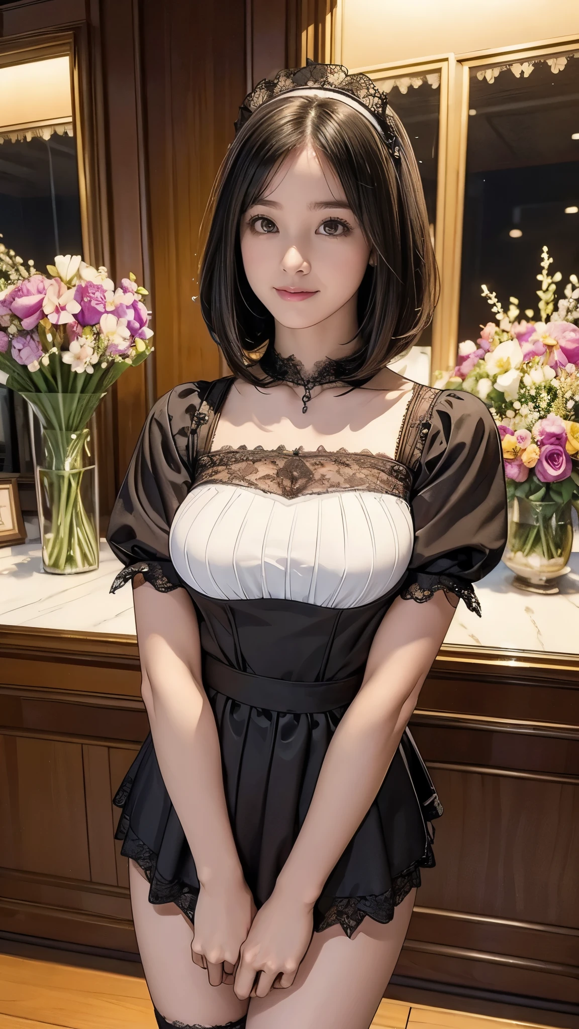 girl, White skin, ((Dark brown short tiered hair)), V cut with layers and bangs, Brown eyes, Soft atmosphere characteristics (Highest quality, Ultra-high resolution, 8K, RAW Photos, Ultra-high resolution: 1.2, masterpiece: 1.3), (Realistic, Realistic: 1.37), Very detailed, Professional Lighting, Photon Mapping, Radio City, 物理ベースレンダring, One Girl, （high school girl）, Sharp focus:1.2、Beautiful woman:1.4,cute, Nice, Adorable, smile, Normal chest, Cross Necklace、Earrings、ring,(Cleavage)、Gothic Lolita Fashion, (((ピンクと黒のGothic Lolita Fashion, ))),Lolita Fashion,Belly button、((Dark brown short hair))、On the bed、Are sleeping、((Portraiture))、