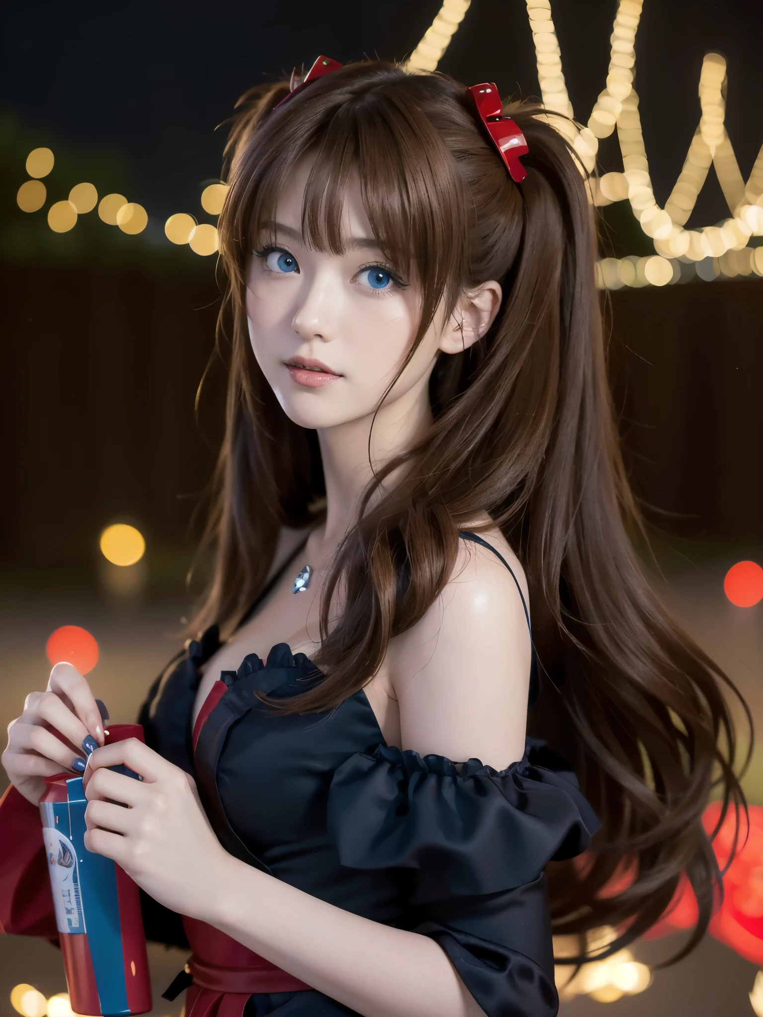 1girl, (cute Half Japanese and half German girl), smile, Looking at camera,
break
(8k, RAW photo, best quality, masterpiece:1.2), (realistic, photo-realistic:1.4), (extremely detailed 8k wallpaper), sharp focus, depth of field, blur background, bokeh, cinematic lighting, soft light,
break
{uniform, outfit, clothes}, Christmas costume, l0lg0th1cr0s3s, bare shoulders,flower,off shoulder,black dress,high heels,red footwear,red rose,off-shoulder dress, shiny dress, rose trim,
asuka langley soryu, (souryuu asuka langley:1.2), (((long hair, bangs, blue eyes, Two side up, light brown hair, hair ornament))),
break
upper body, (Seductive pose:1.3), dynamic angle,
break
christmas, outdoor holiday lights display,