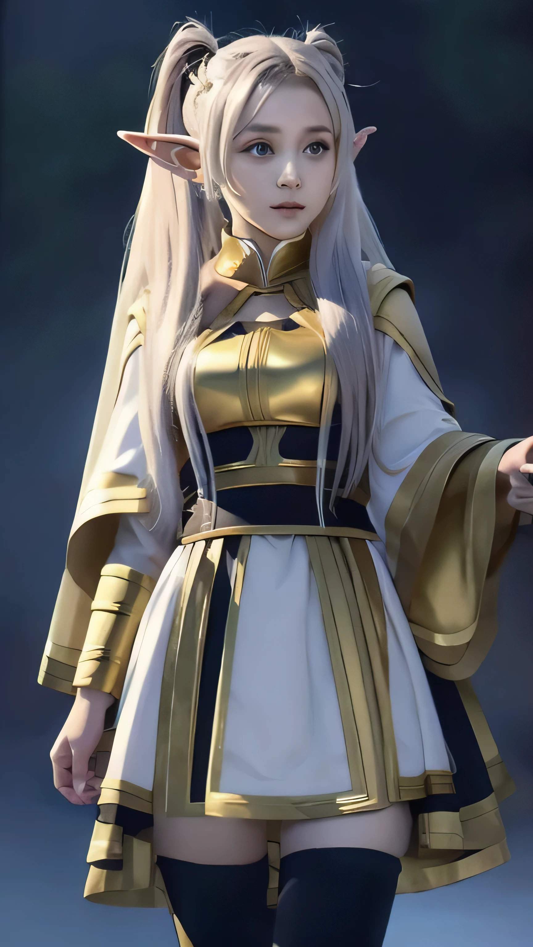 best quality, masterpiece,white hair, yellow eyes,  clothes medieval style, battle clothes with leather shorts and white shirt with details in metal, looking up, full body ,hair strand,Fair skin,side braids, 1 girl