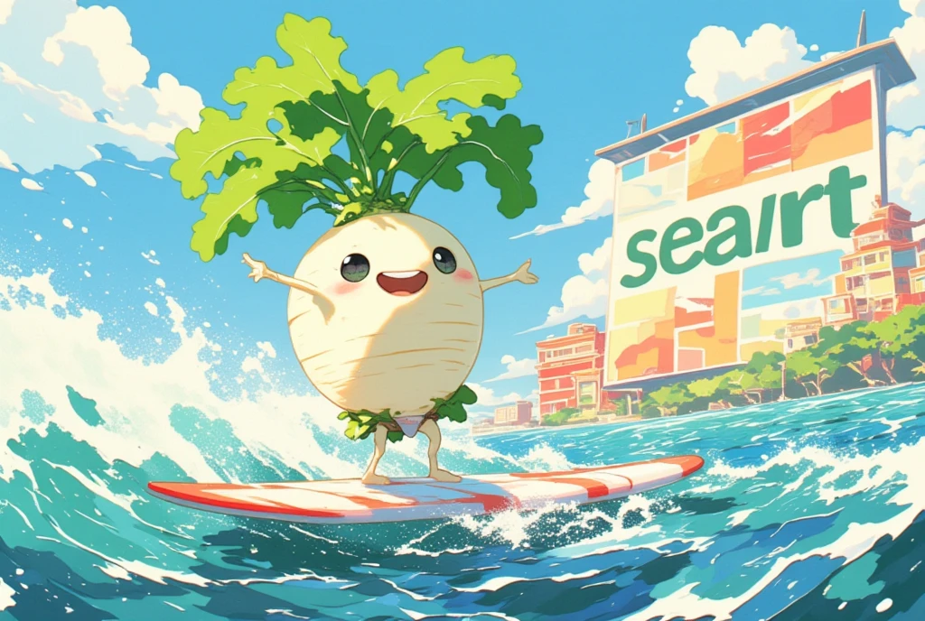 (Japanese white radish:Eyes and mouth:limbs:white:Leaf Hair ), loincloth,surfing,Show logo in background"SeaArt"