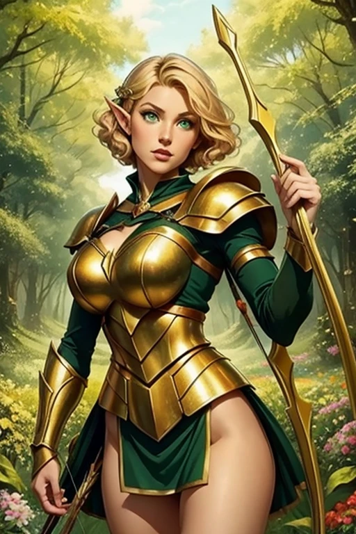 high quality young elf , beautiful face,  short curly blond hair ,  green eyes,  golden armor ,  holding a bow and arrow,  in the middle of a flower with giant trees.