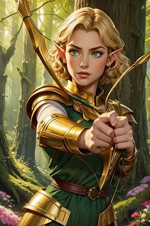 high quality young elf , beautiful face,  short curly blond hair ,  green eyes,  golden armor ,  holding a bow and arrow,  in the middle of a flower with giant trees.