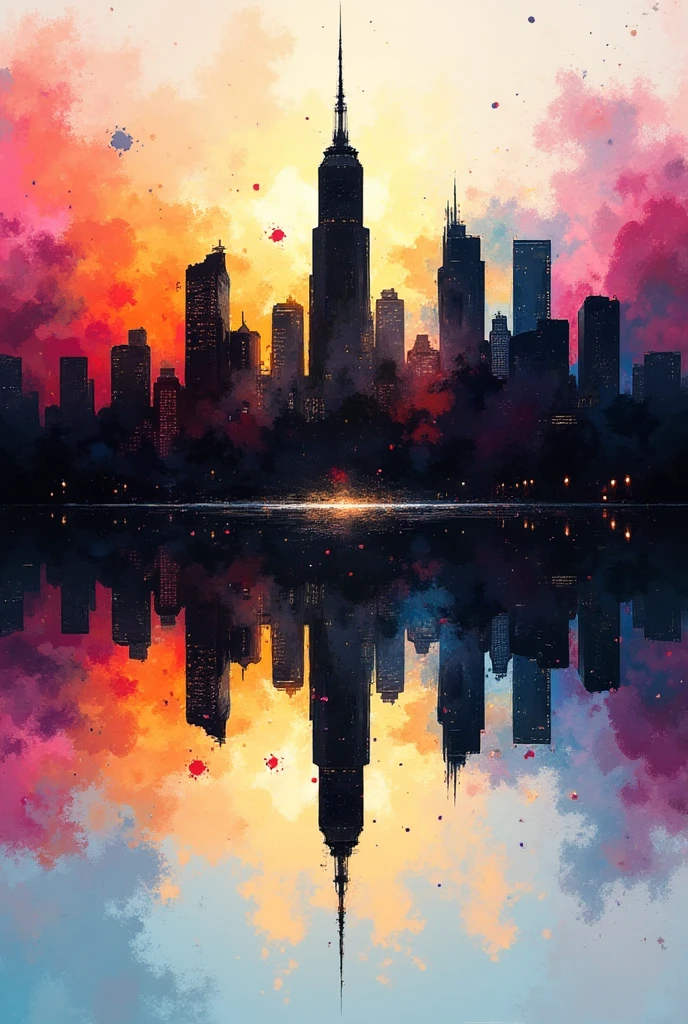 City Reflected on Water, illustration, Abstract, silhouette, sputtering art, colorful,